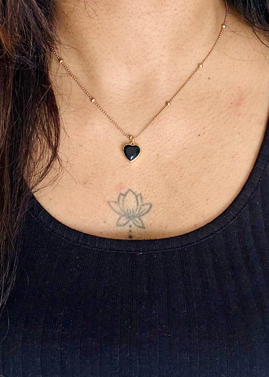 Gold plated chain, black heart pendant - YCGPC248