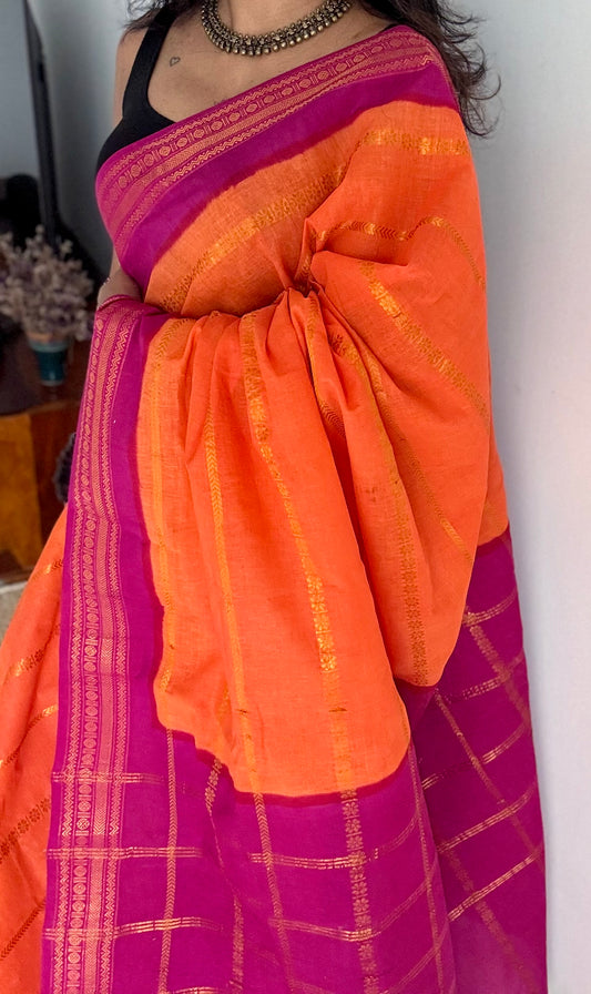 Bright orange with magenta patterned veldhaari, kattuchayam dyed, madurai cotton - YCCOTNSEMS93
