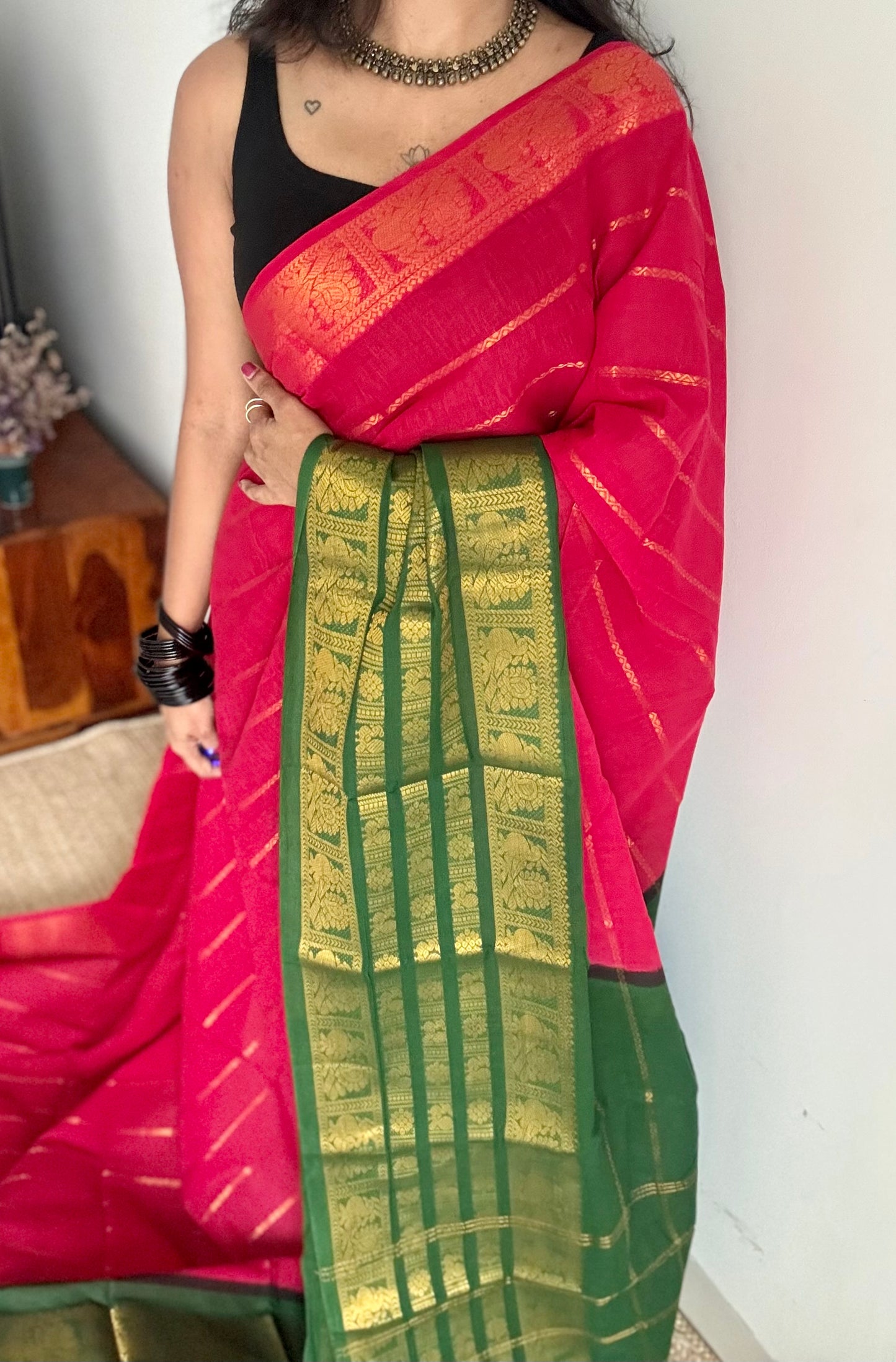 Reddish pink with green, peacock rudraksham motif, single side broad zari - madurai kattuchayam dyed -YCCOTNAURS19