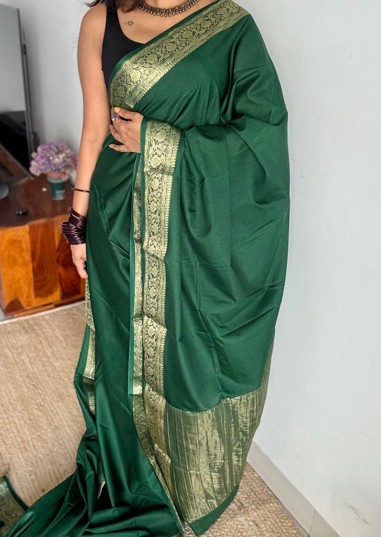 Dark green Mysore semi crepe silk saree - YCLOKFE240