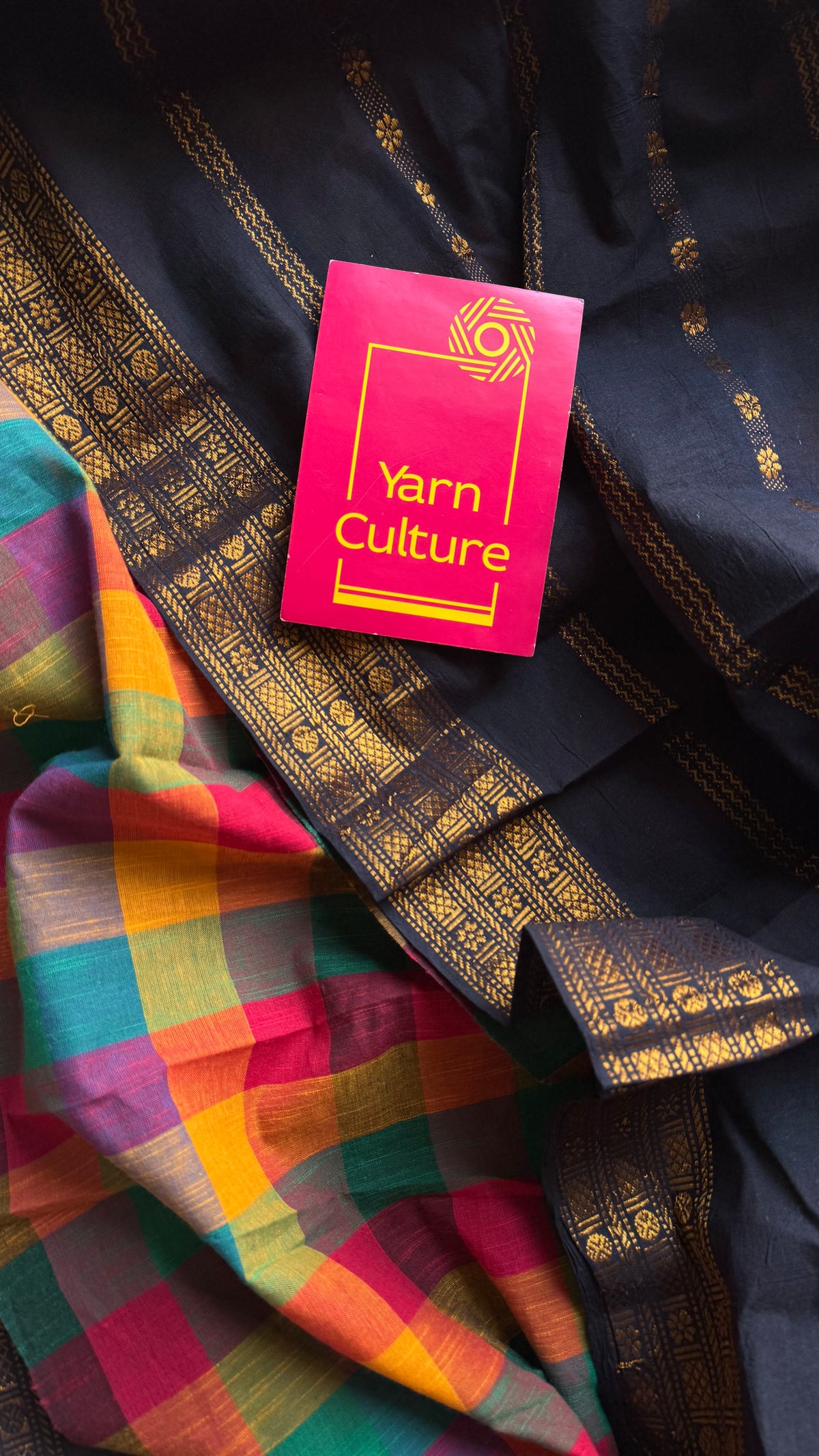 Black velthaari stripes with multicoloured madras checks, cotton half and half saree - YCCOTNIDOC167