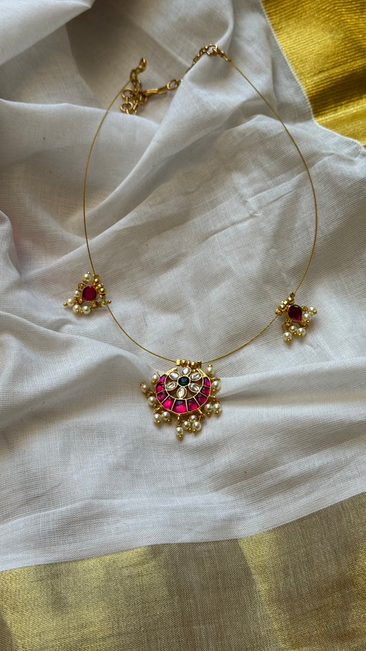 Invisible neckchain with jadau kundan stones & pearl hangings - ruby, green, white - YCGPNP688