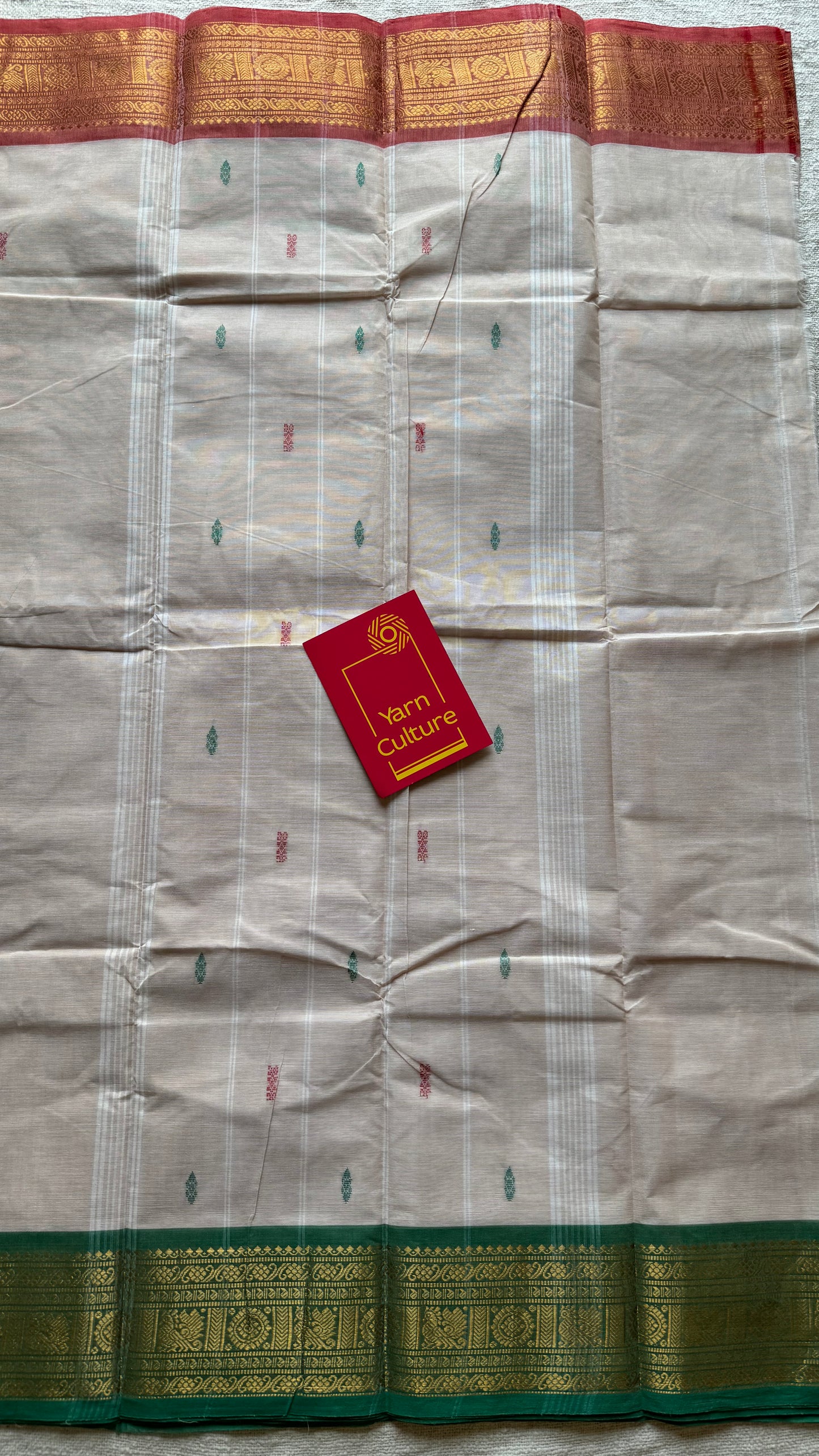 Beige with green pink and coral red contrast, kanchi cotton saree - YCCOTNMA327