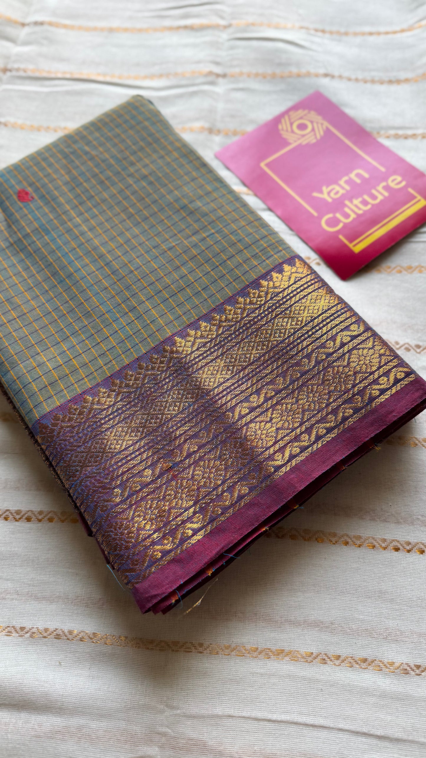 Grey and magenta purple contrast, checkered Chettinad cotton saree - YCCOTNMA263
