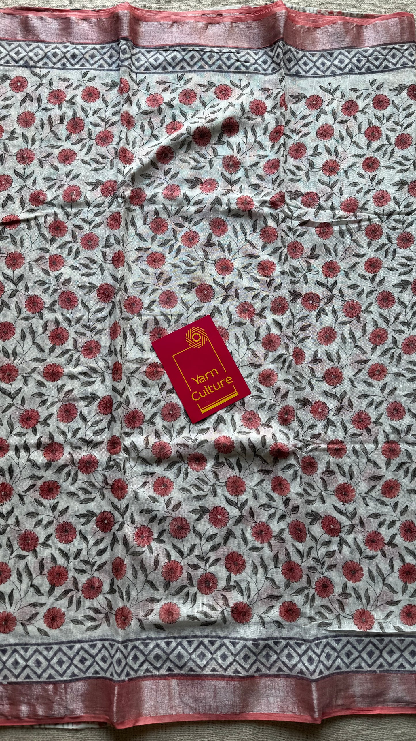 White linen, peach floral motif, silver zari border - YCTOROCBP59