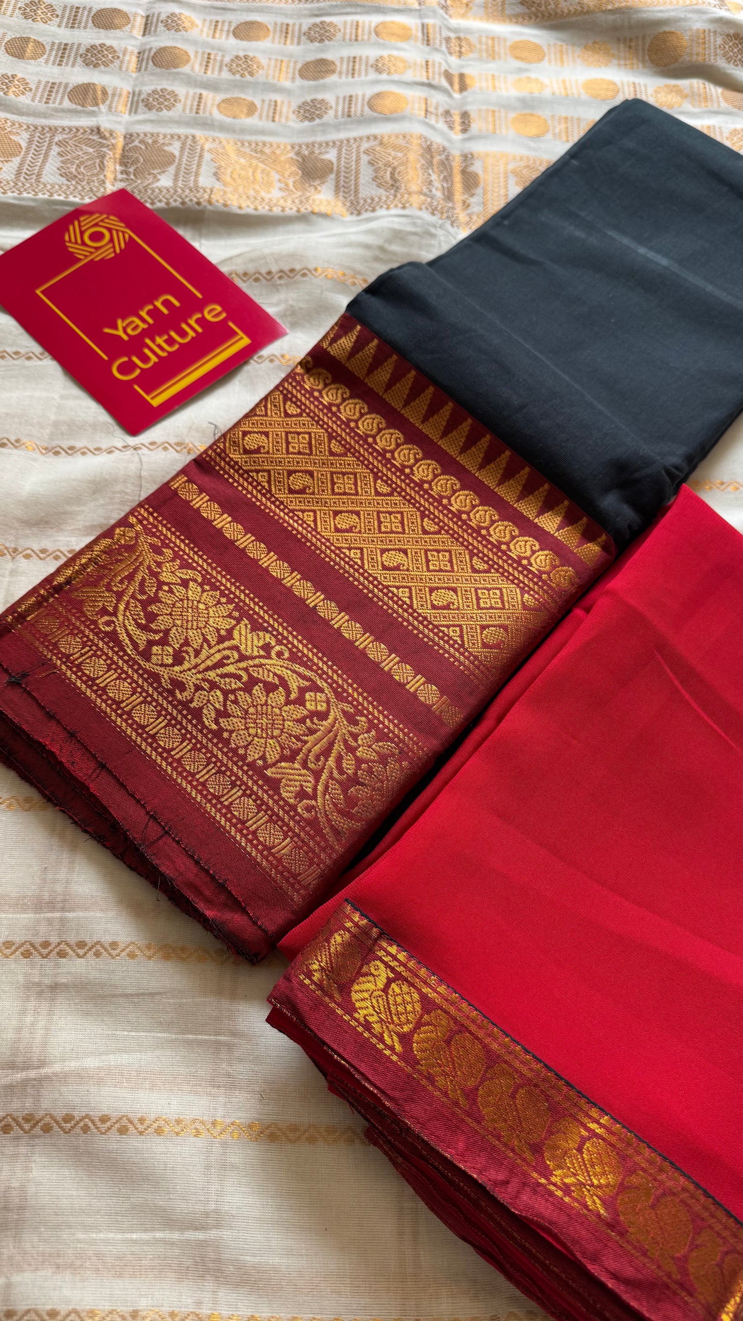 Black - Red unstitched half saree material (dhavani), kanchi cotton - YCIEHS212