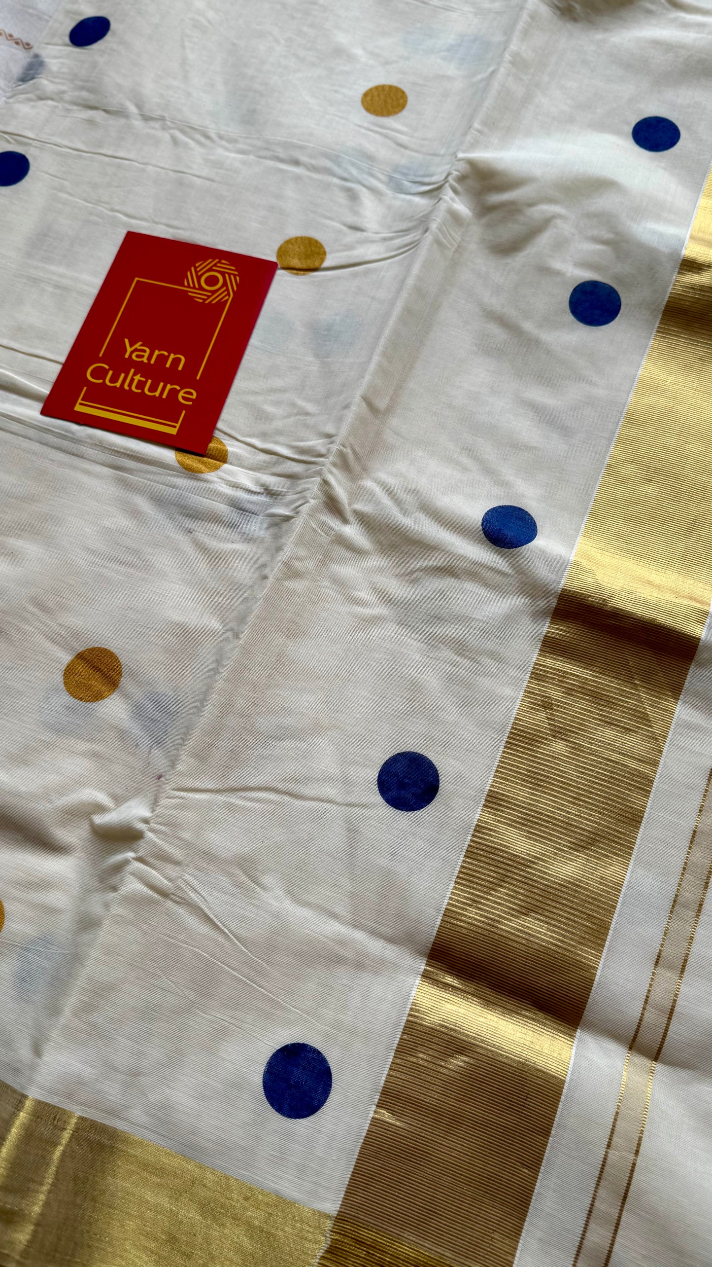 Ivory and gold soft cotton kasavu saree, navy blue and yellow polka - YCIEON73