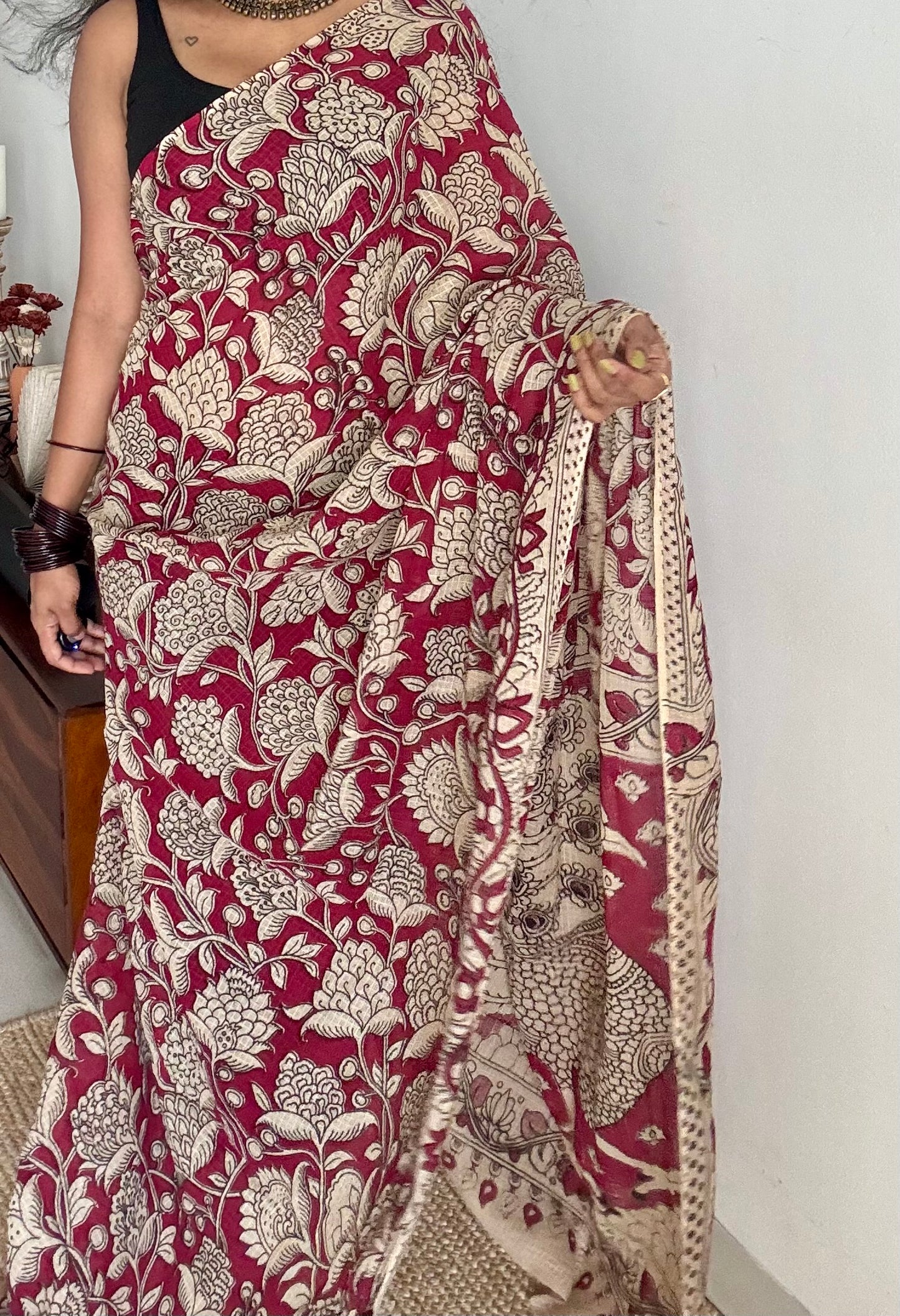 Crimson floral kalamkari saree in kota - YCWOTDMA354