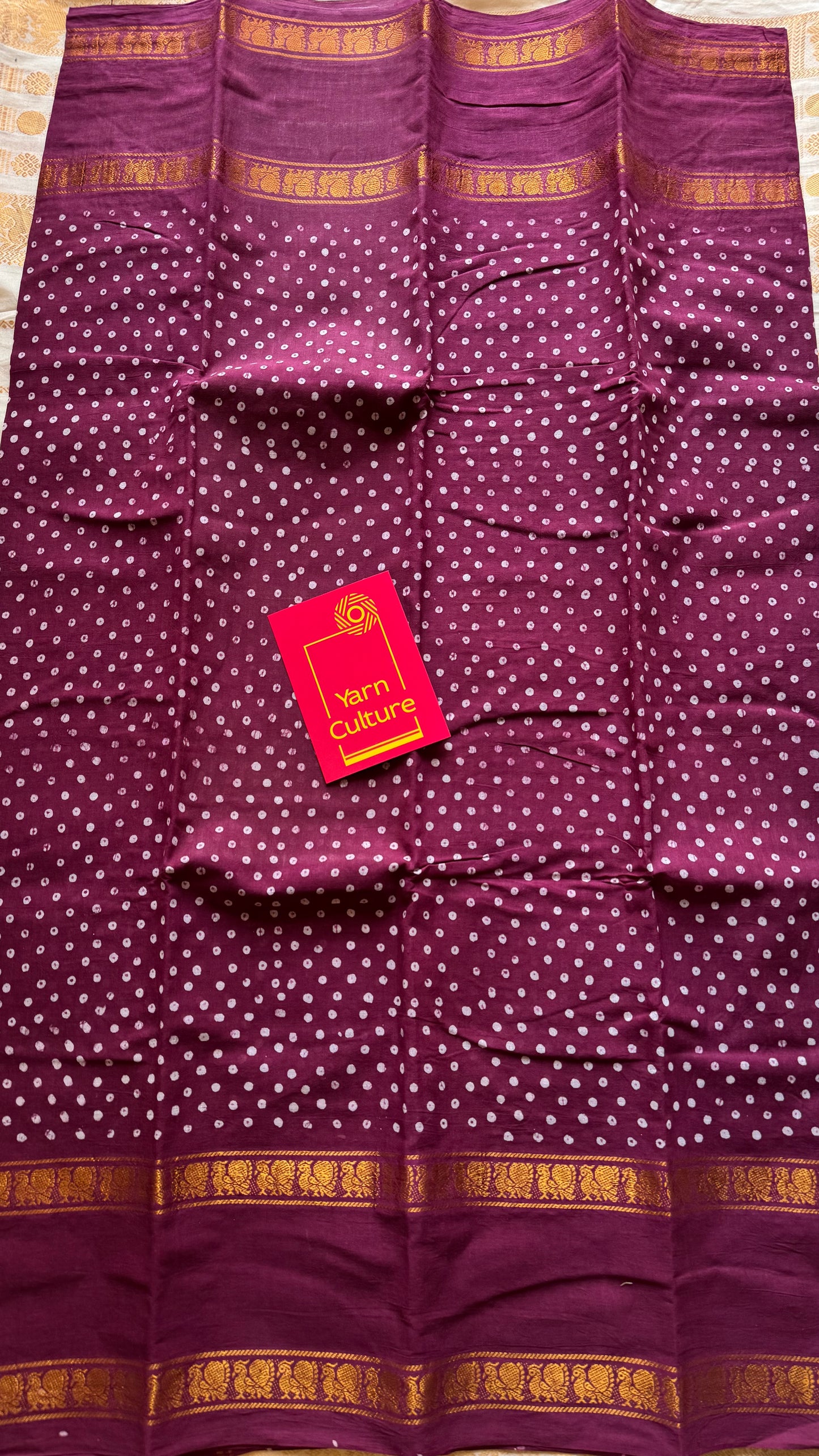 Raspberry maroon wax dot printed sungudi, kattuchayam dyed madurai cotton saree  - YCCOTNMA260