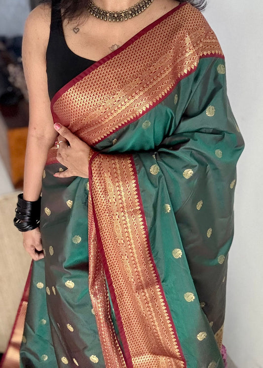 Harini - Emerald green with maroon, handloom korvai semi silk - YCCOTNFEJUKS07