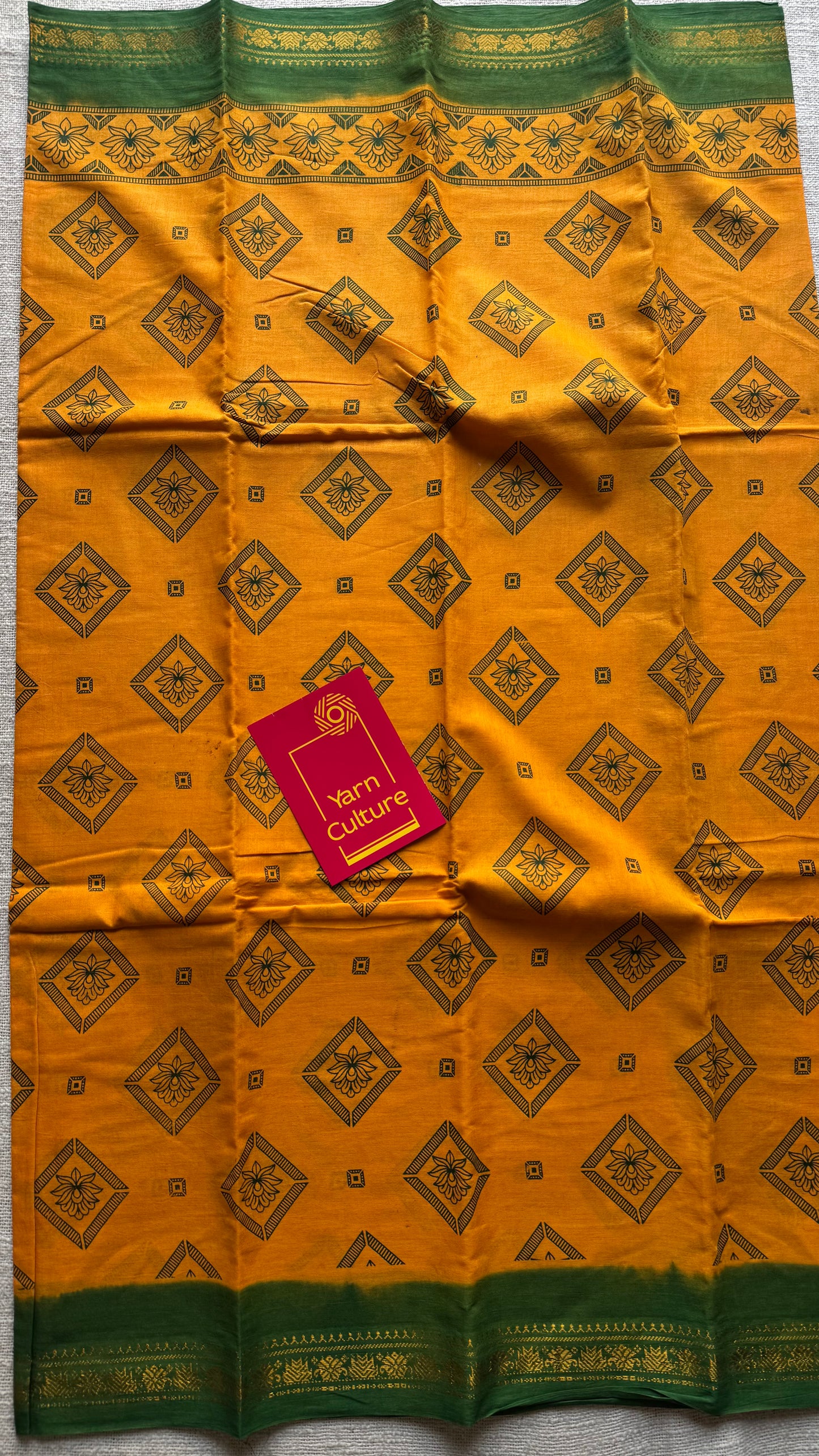 Yellow with green, motif printed, kattuchayam dyed madurai sungudi cotton saree - YCCOTNMSFE72