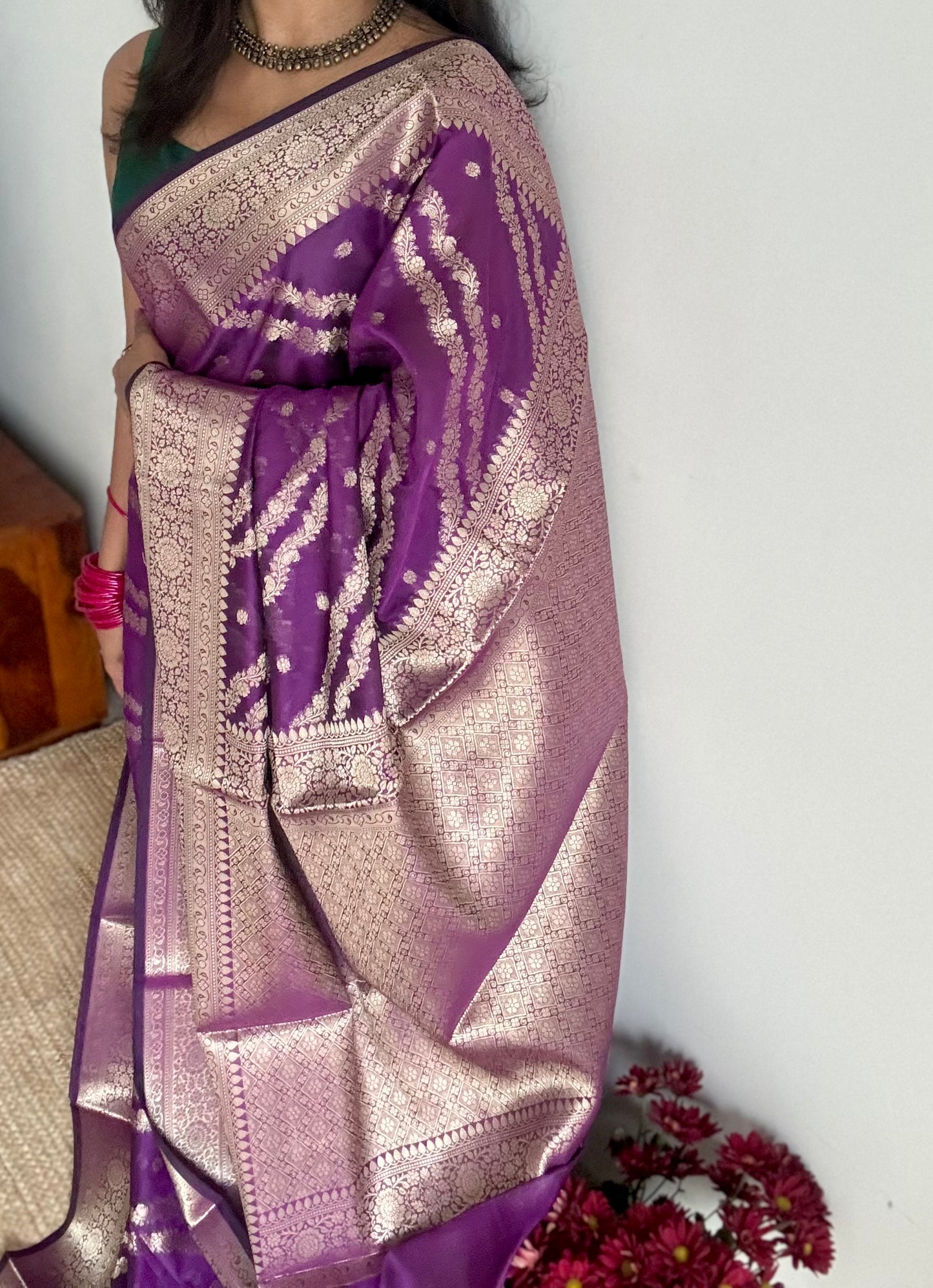 Purple floral zari, Banarasi semi-georgette - YCDESE15