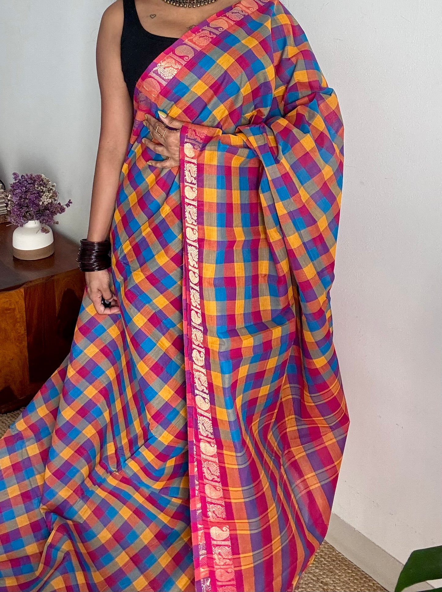 Multicolour Chettinad cotton saree with Paalum Pazhamum checks (pink, blue, orange, yellow)- YCCOTNJUCC01