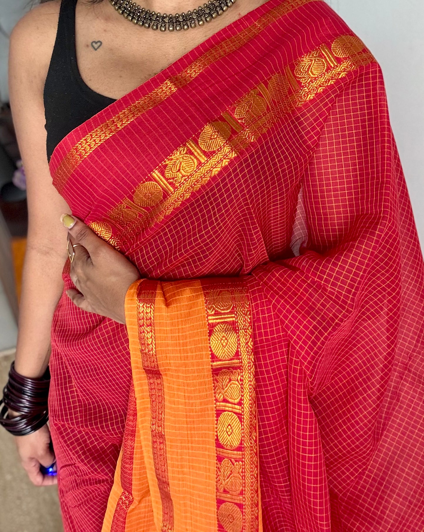 Red checks with red and yellow ganga jamuna borders, premium narayanpet soft cotton - YCWOTDNPJA158