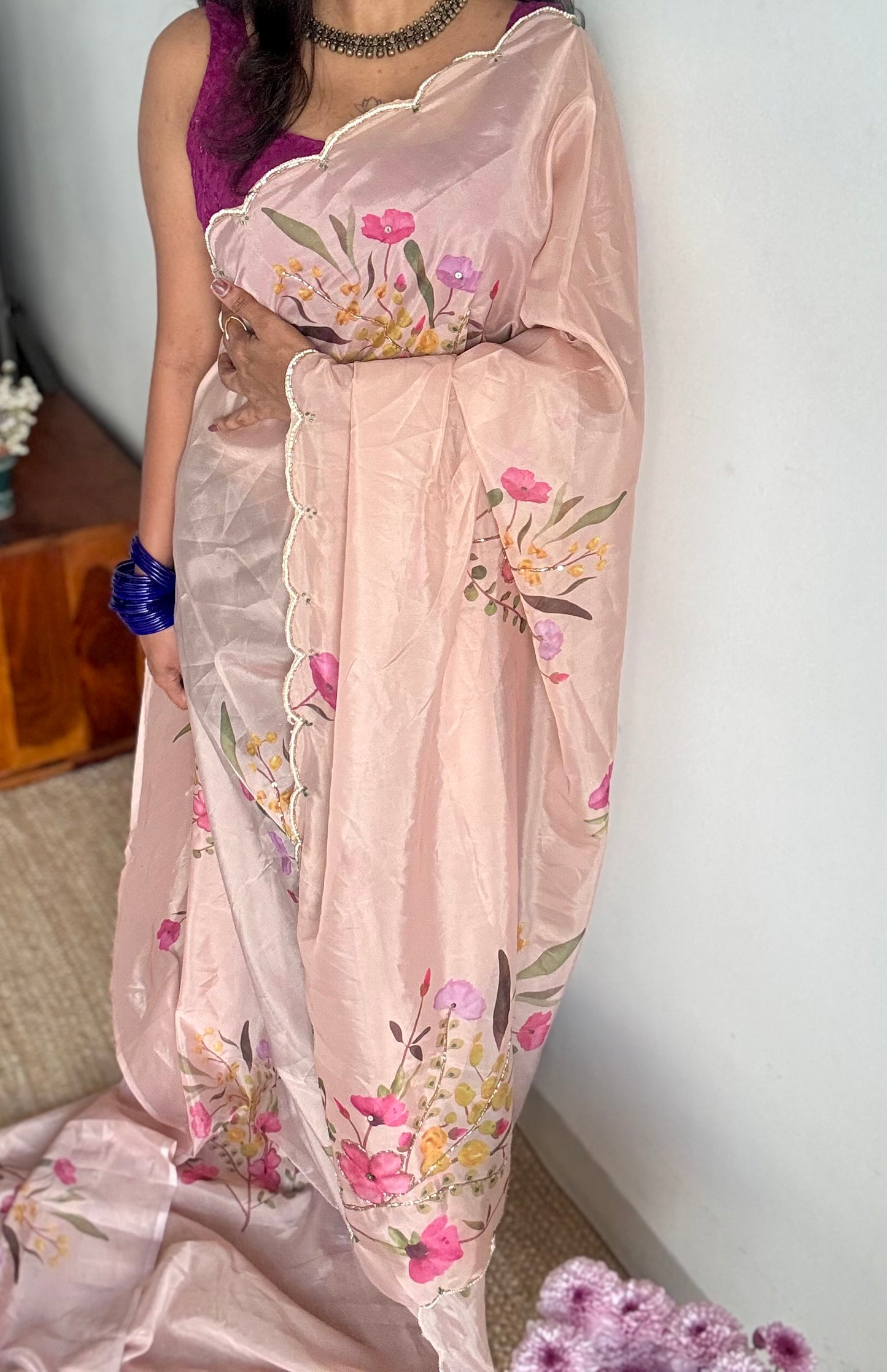 Peach Bloom - peach floral handworked sequins work, tabby silk - YCDOSNO49