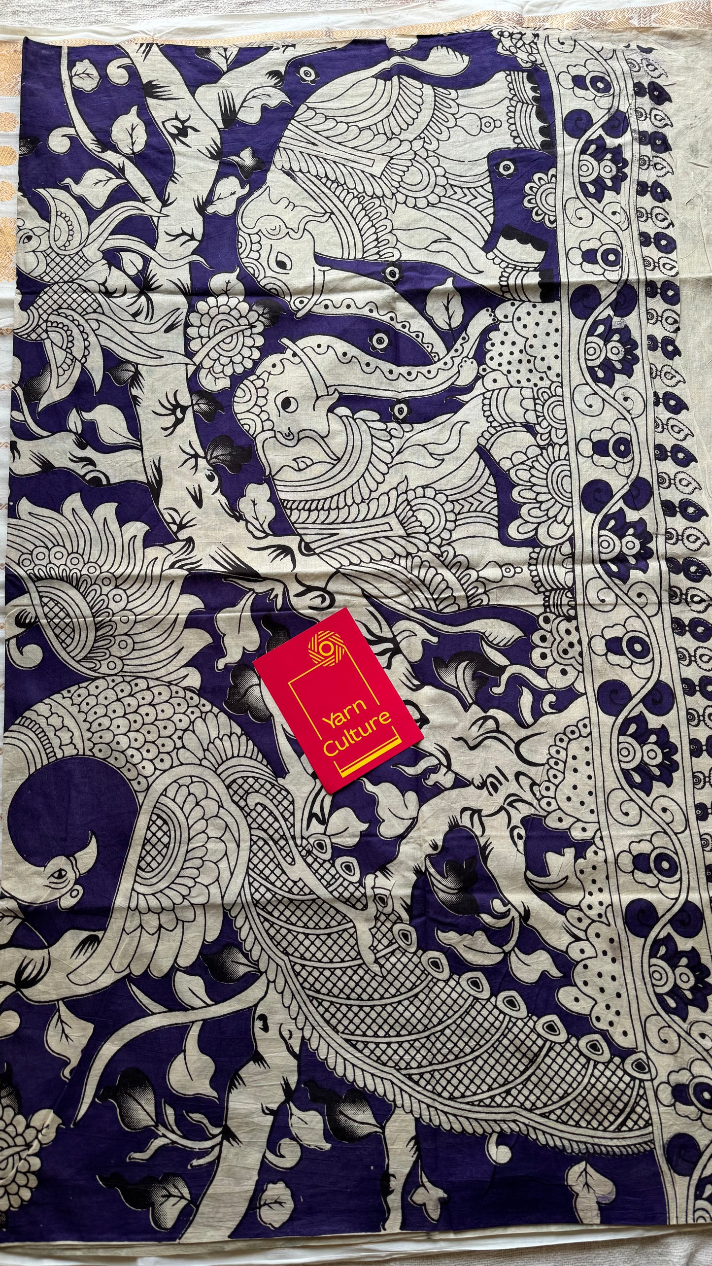 Purple kalamkari saree, elephant motifs, soft cotton - YCWOTDMA351