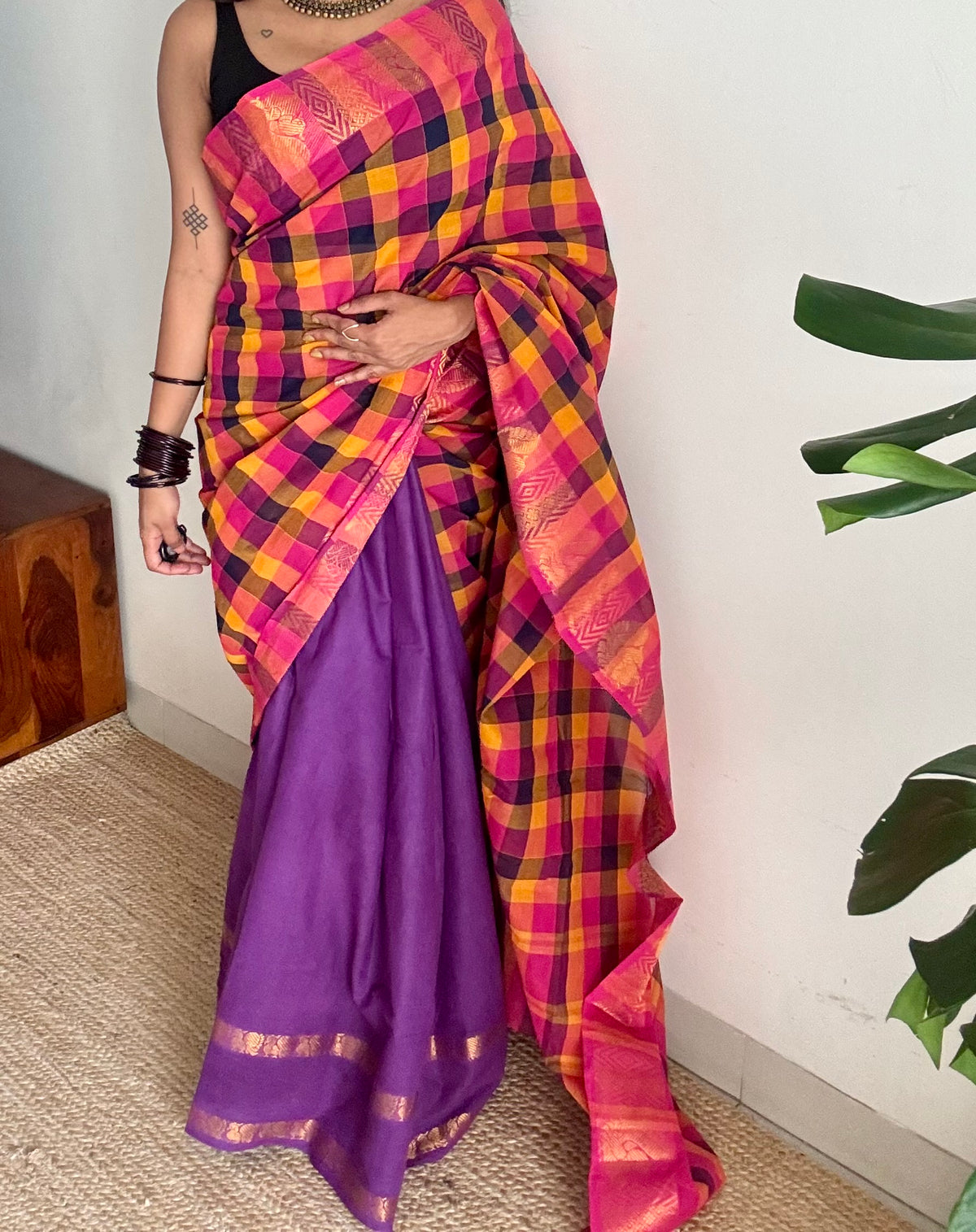 Multicolour checks with purple, sungudi and chettinad cotton half-half saree -YCCOTNIDOC33