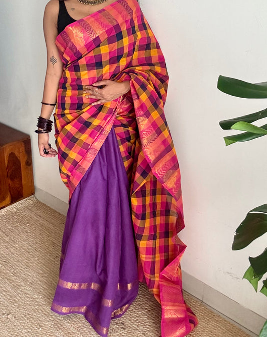 Multicolour checks with purple, sungudi and chettinad cotton half-half saree -YCCOTNIDOC33