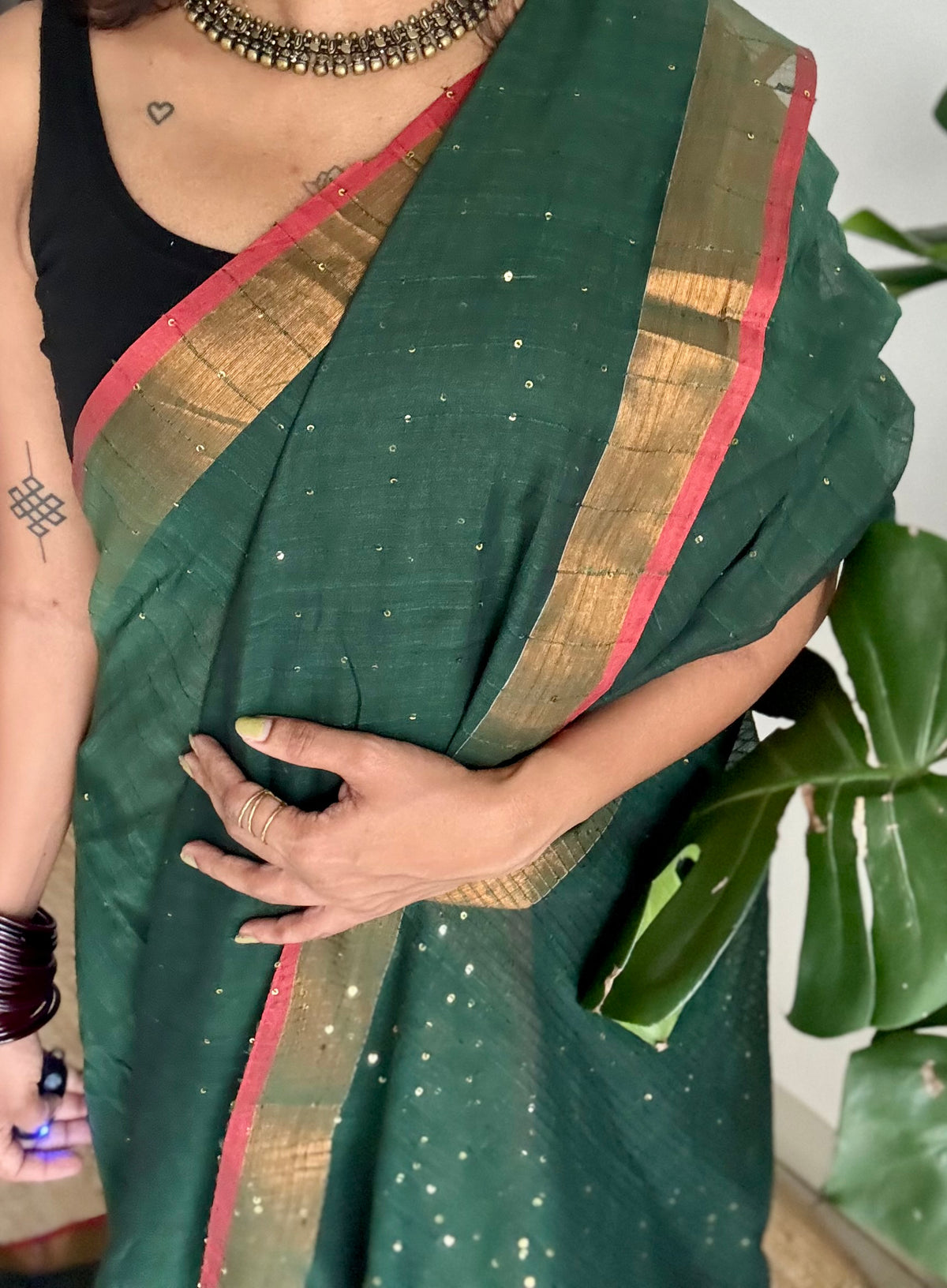 Dark green mul cotton saree with sequins and zari border - YCBCMCSE32