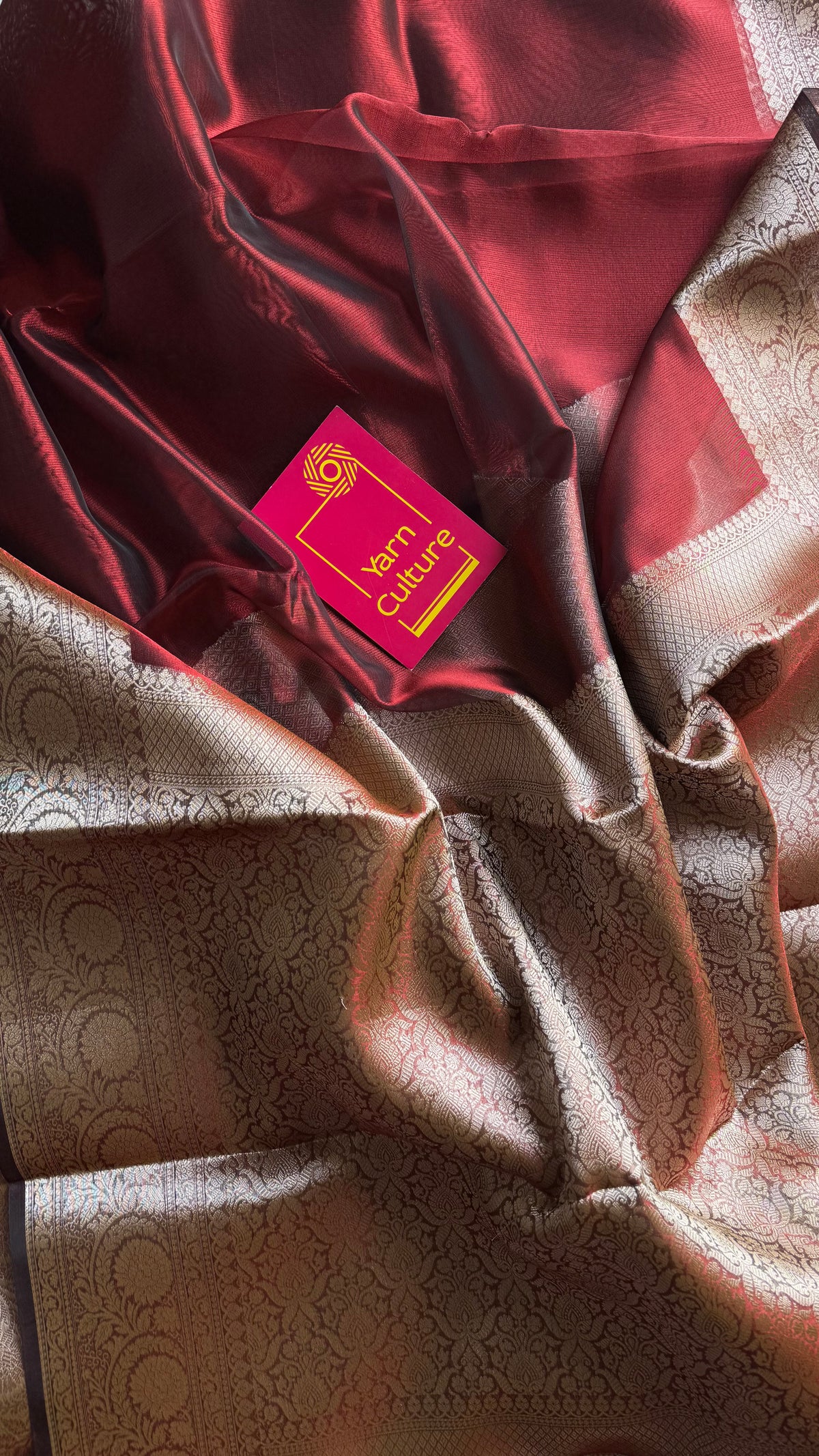 Dark red tissue Banarasi saree with zari border - YCBLTOC84