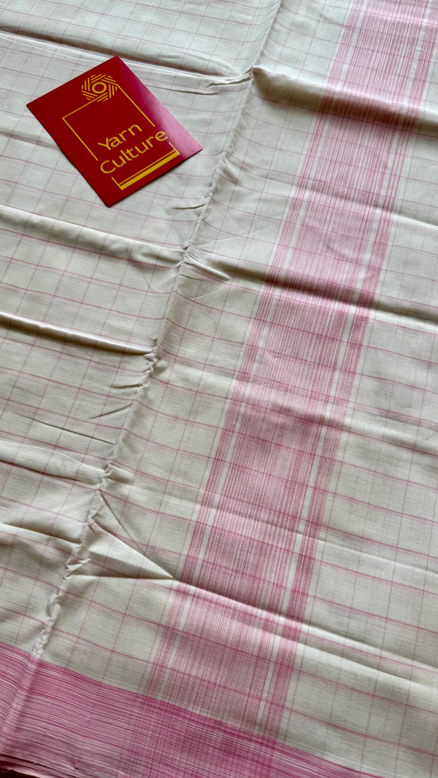 Handloom, woven in Chendamangalam Looms, ivory with pink checks, soft cotton saree - YCIEON150