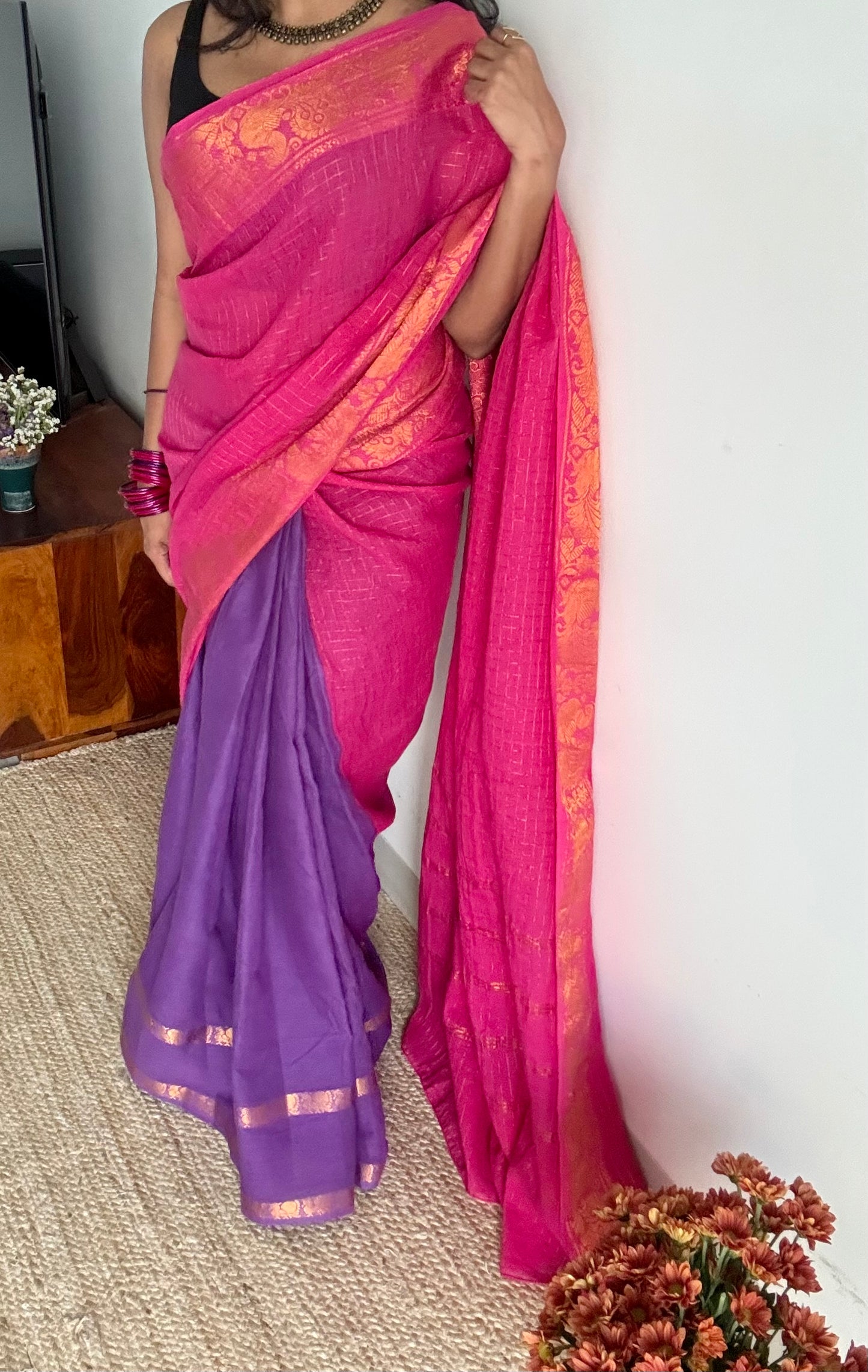 Alli (அல்லி) : pink with purple, sungudi cotton - YCENOID01