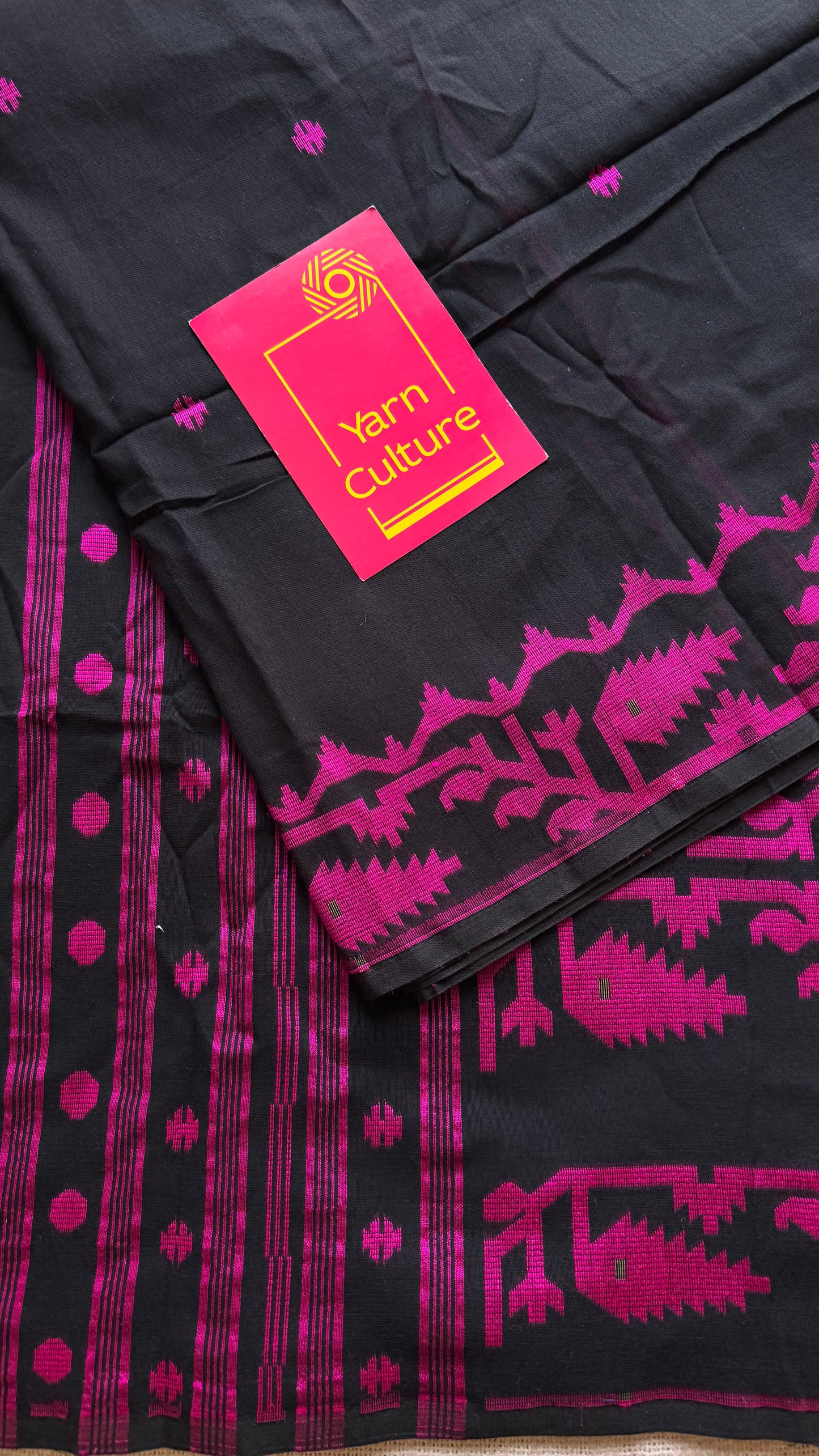 Black with magenta contrast jamdani saree in soft handloom cotton - YCBCJDFE380