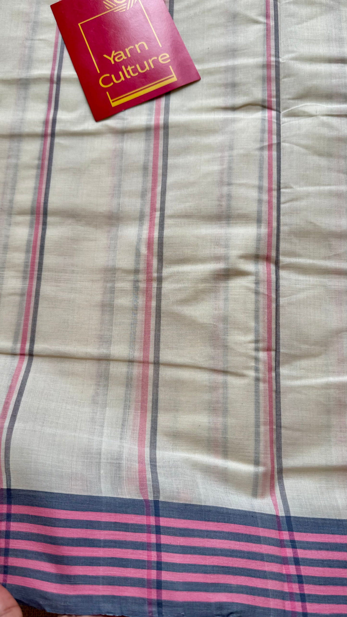 Handloom, woven in Chendamangalam Looms, ivory with grey pink border, striped soft cotton saree - Handloom ivory grey pink border