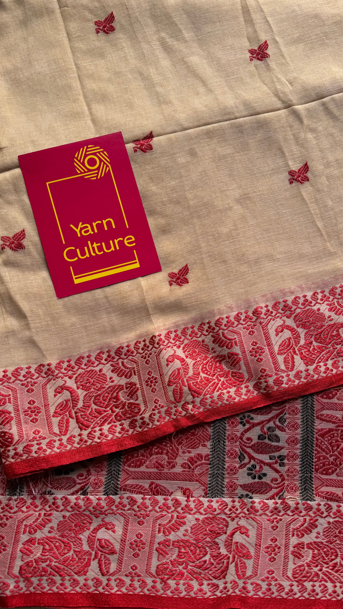 Cream with red, Baluchari-inspired soft cotton handwoven saree - YCHOTEBCJA228