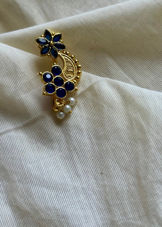 Gold plated, dark blue coloured stone, clip on Maharashtrian nath - YCGPNC208