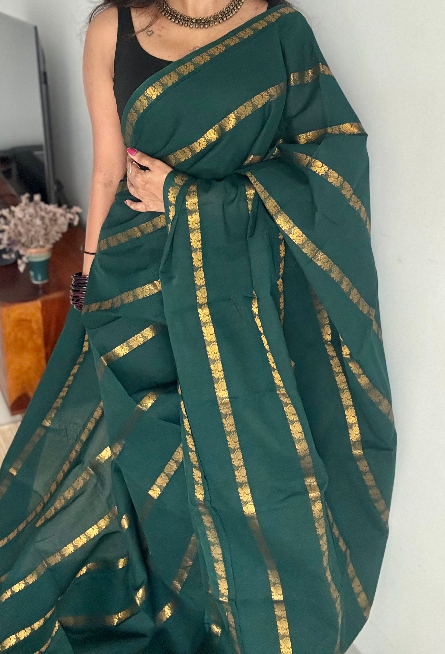 Dark green, peacock motif sungudi cotton - YCCOTNOCSC52