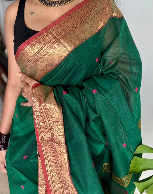 Dark green and brick red contrast, kanchi cotton saree - YCCOTNMA323