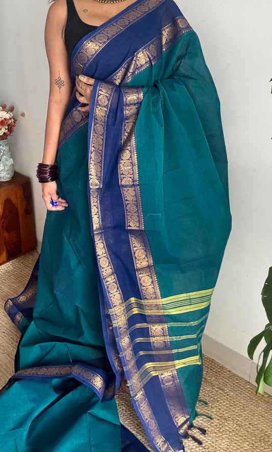 Peacock blue with blue rettaipet double zari border, kanchi cotton saree - YCCOTNCCOC112