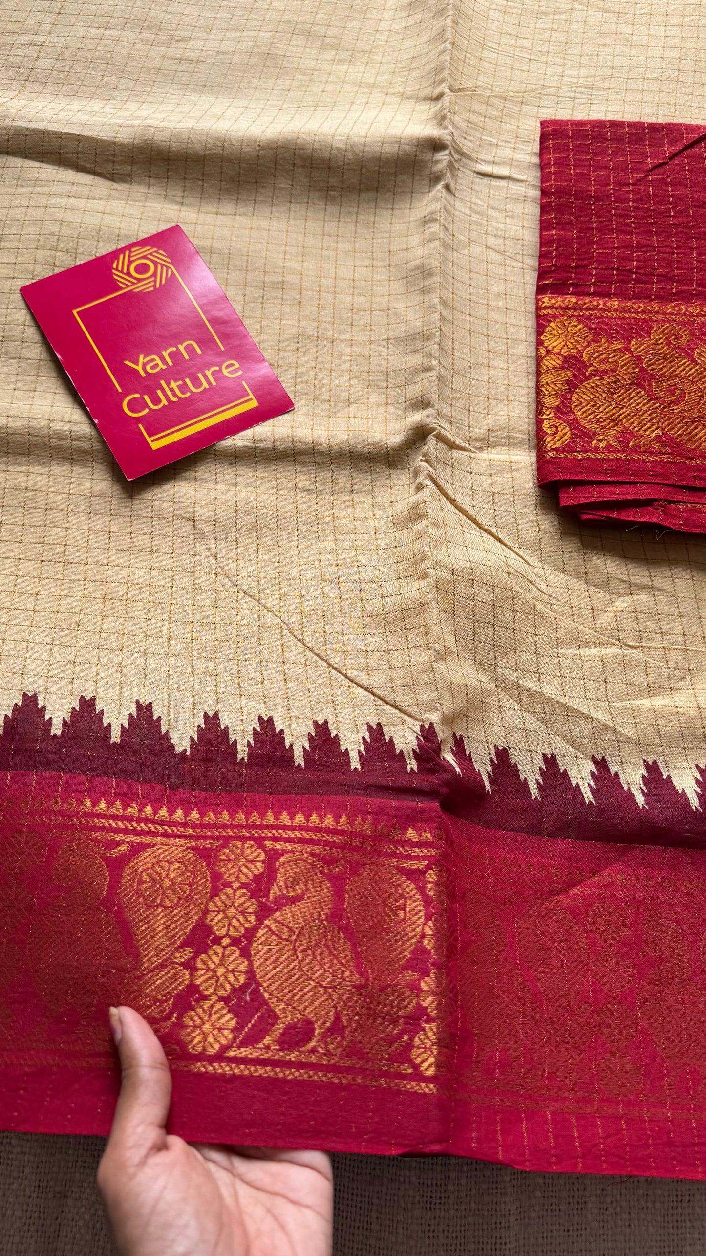 Blue - maroon sungudi cotton checks, sandal colour base, soft cotton - YCCOTNJSUN02