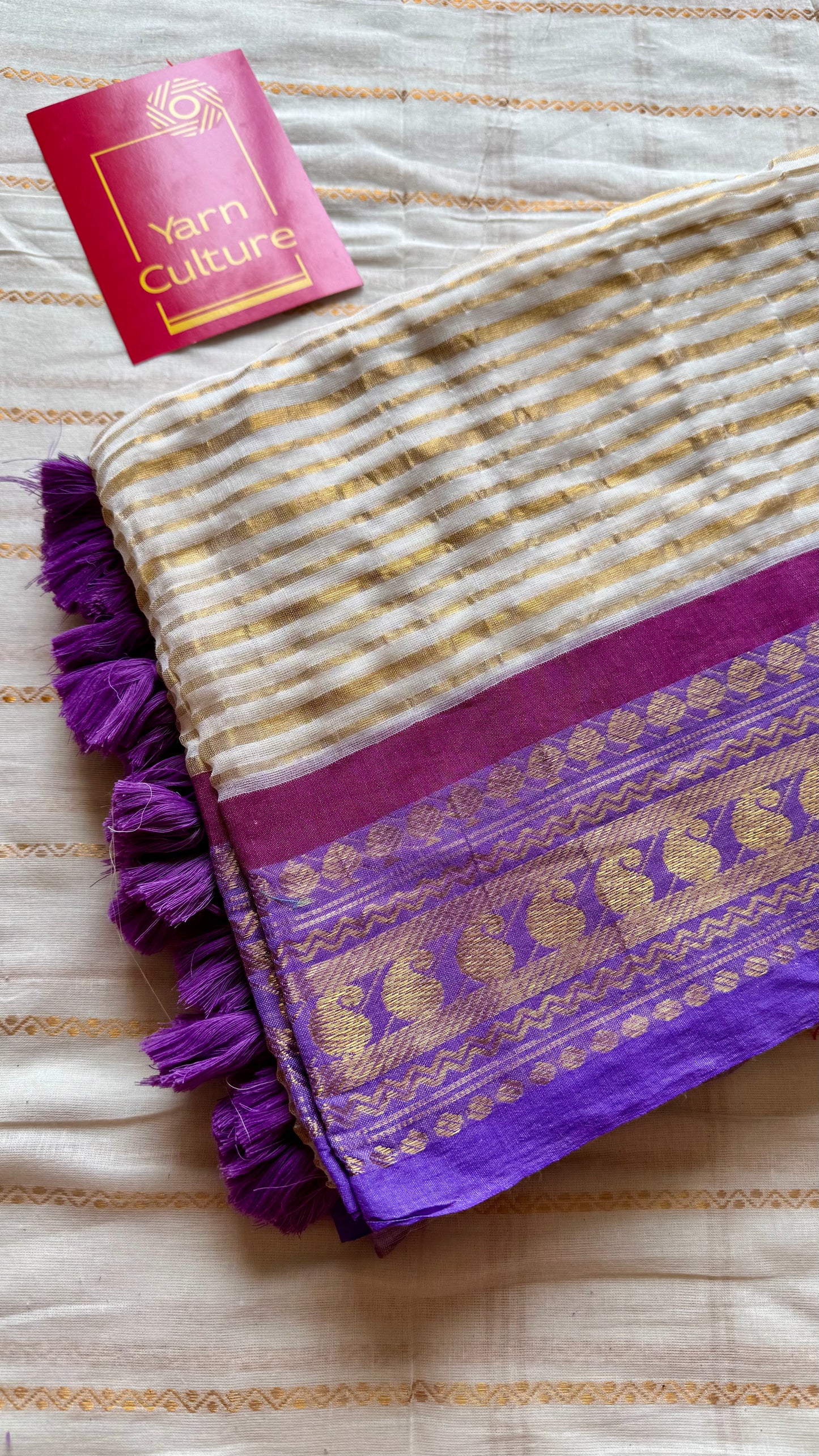 Ivory mul saree, purple and gold - YCIEON33