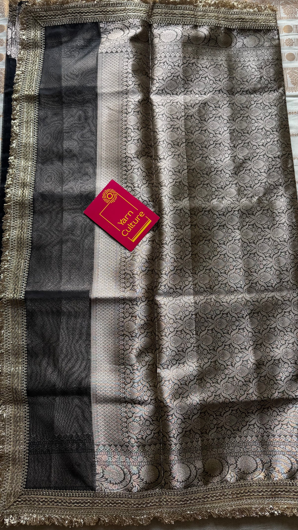 Black tissue Banarasi saree with embellished gold lace border - YCBLTOC81