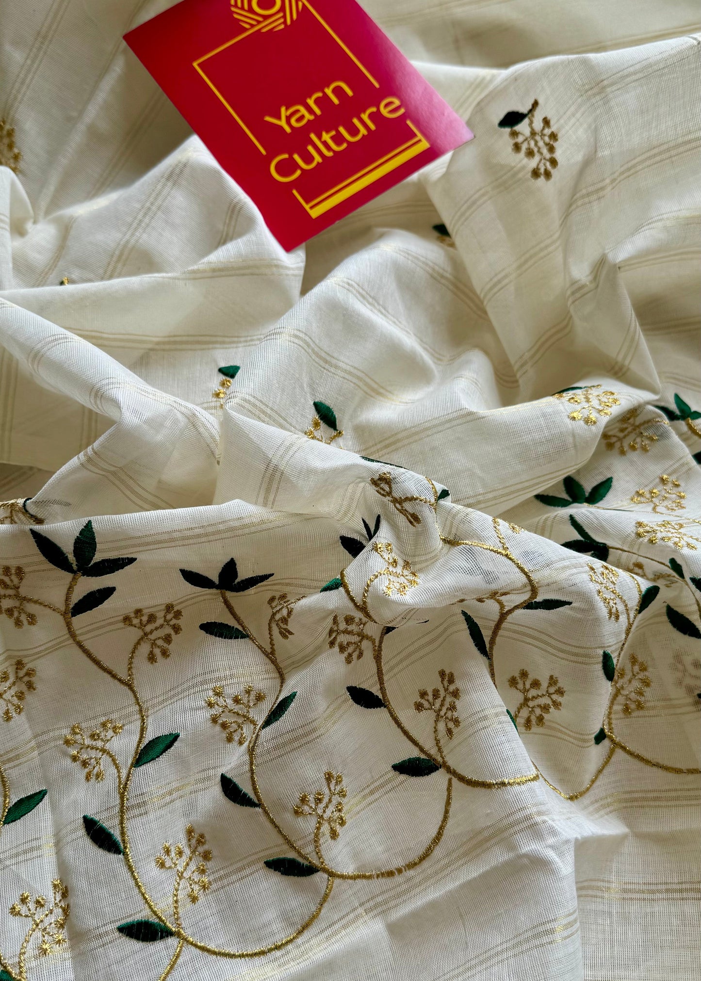 Ivory and gold soft cotton saree, dark green floral vine embroidery  - YCIEON57