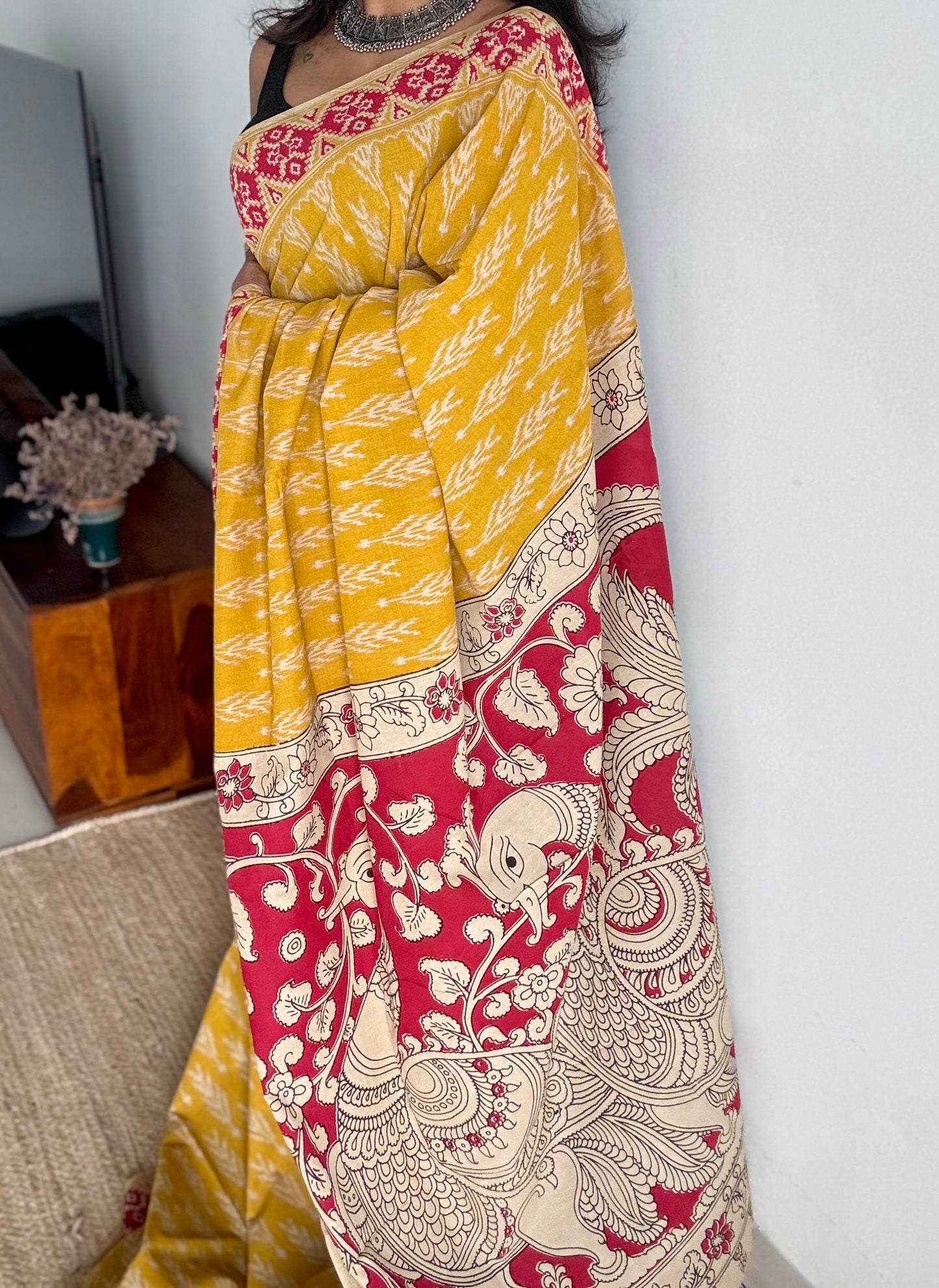 Yellow with red kalamkari, ikat motifs, soft cotton - YCWOTDOCMP82