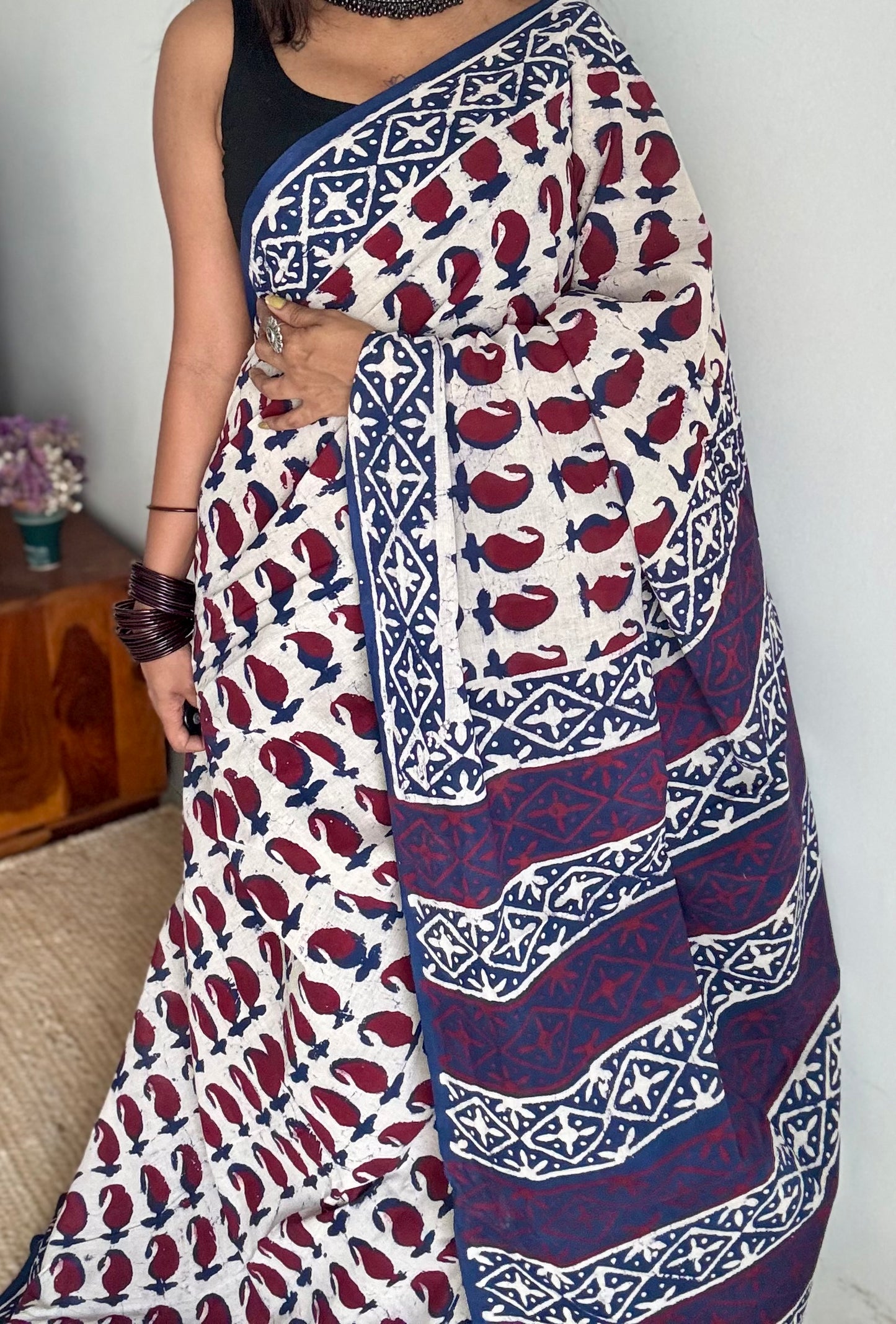 Beige with Indigo and maroon paisley motifs, block printed soft cotton saree - YCTORCMA23