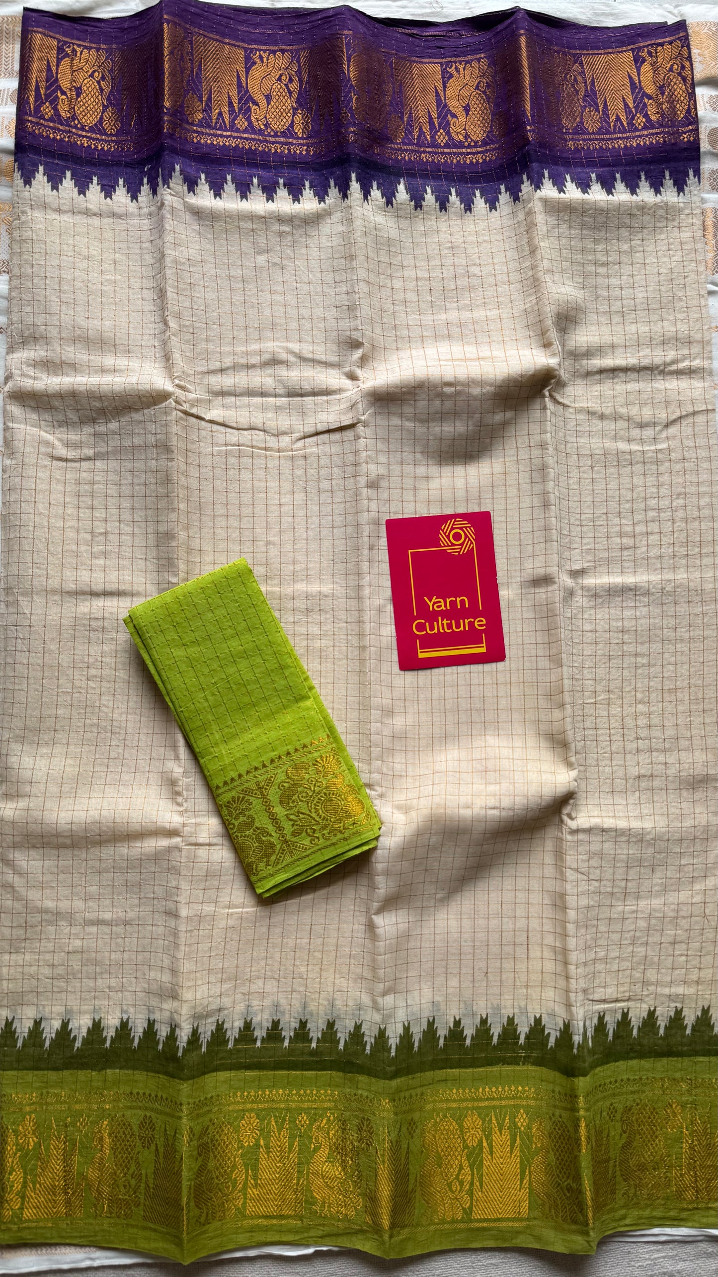 Sungudi cotton checks, ivory gold base, purple and lime green dual tone border, soft cotton - YCCOTNMSJUL08