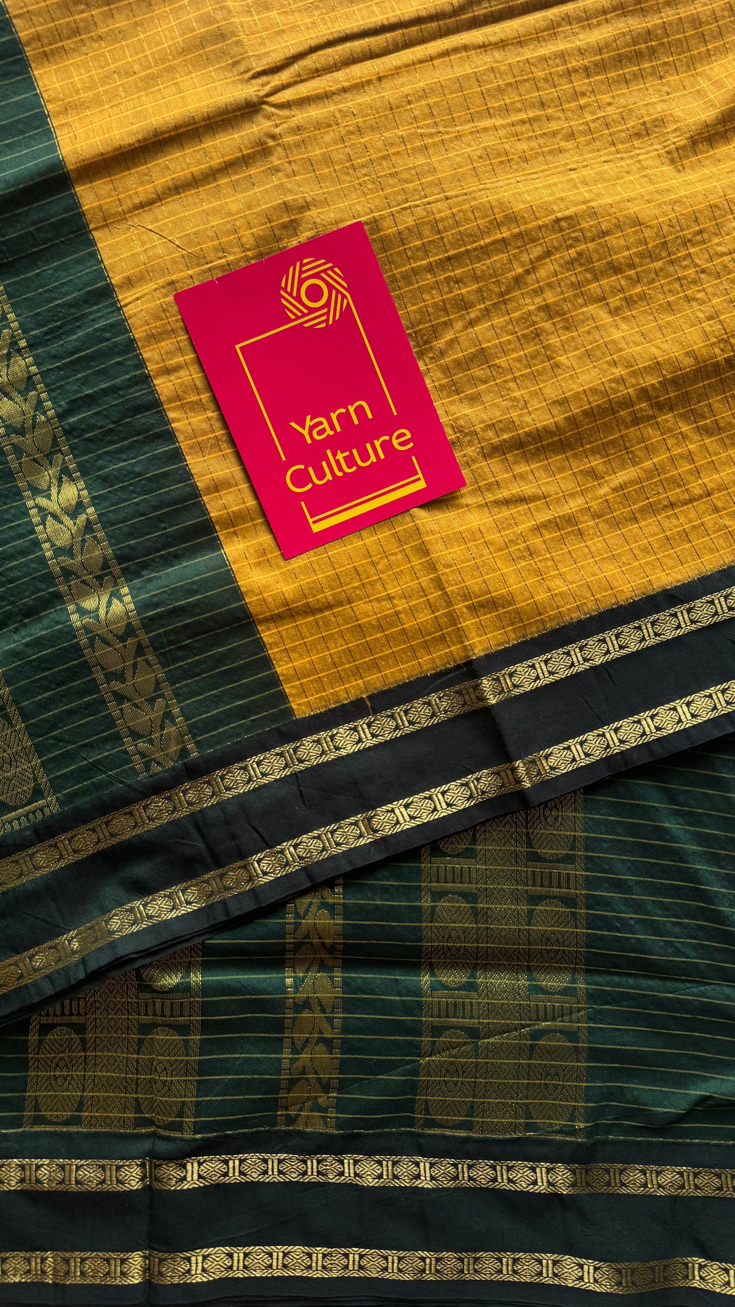 Mustard yellow with dark green contrast arani checkered saree, cotton silk - YCCOTNKCFE70