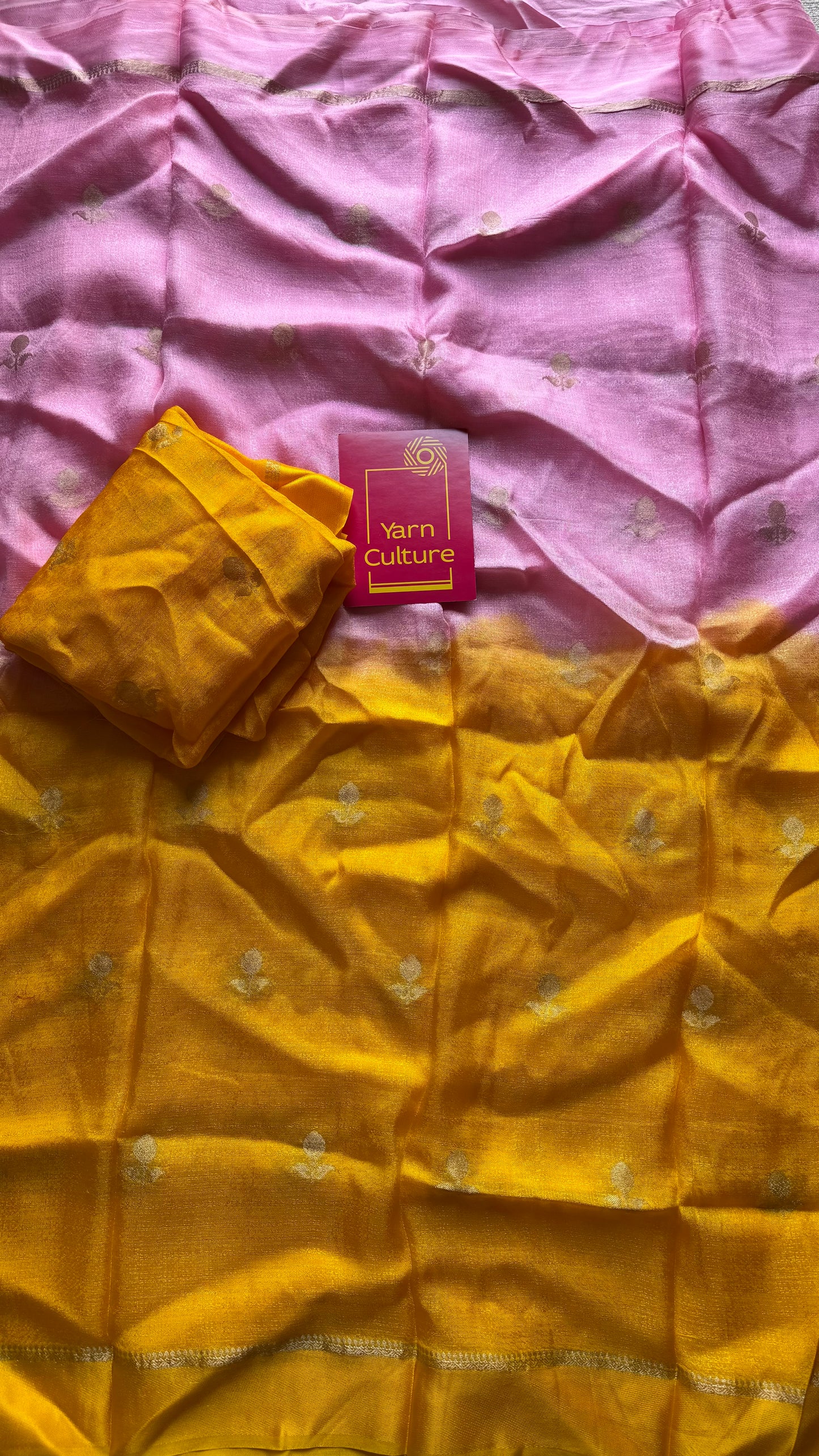 Pink yellow dual tone in viscose soft silk with satin border, jacquard zari motifs - YCDOSFE196