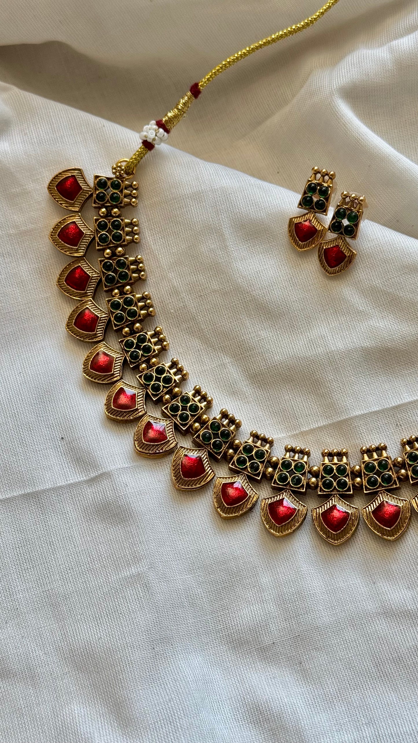 Red palakka neckpiece with earrings - YCGPNP634