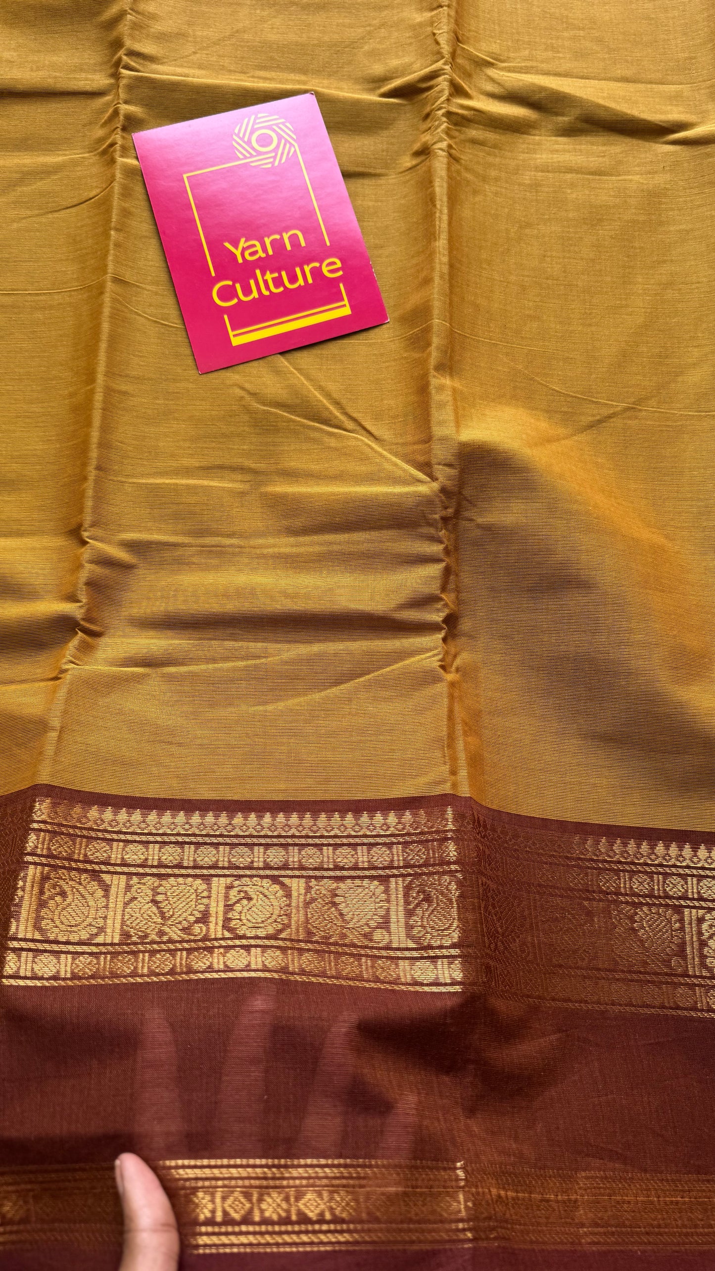 Ginger yellow with brown Chettinad cotton saree with rettaipettu peacock border - YCCOTNCCFE158