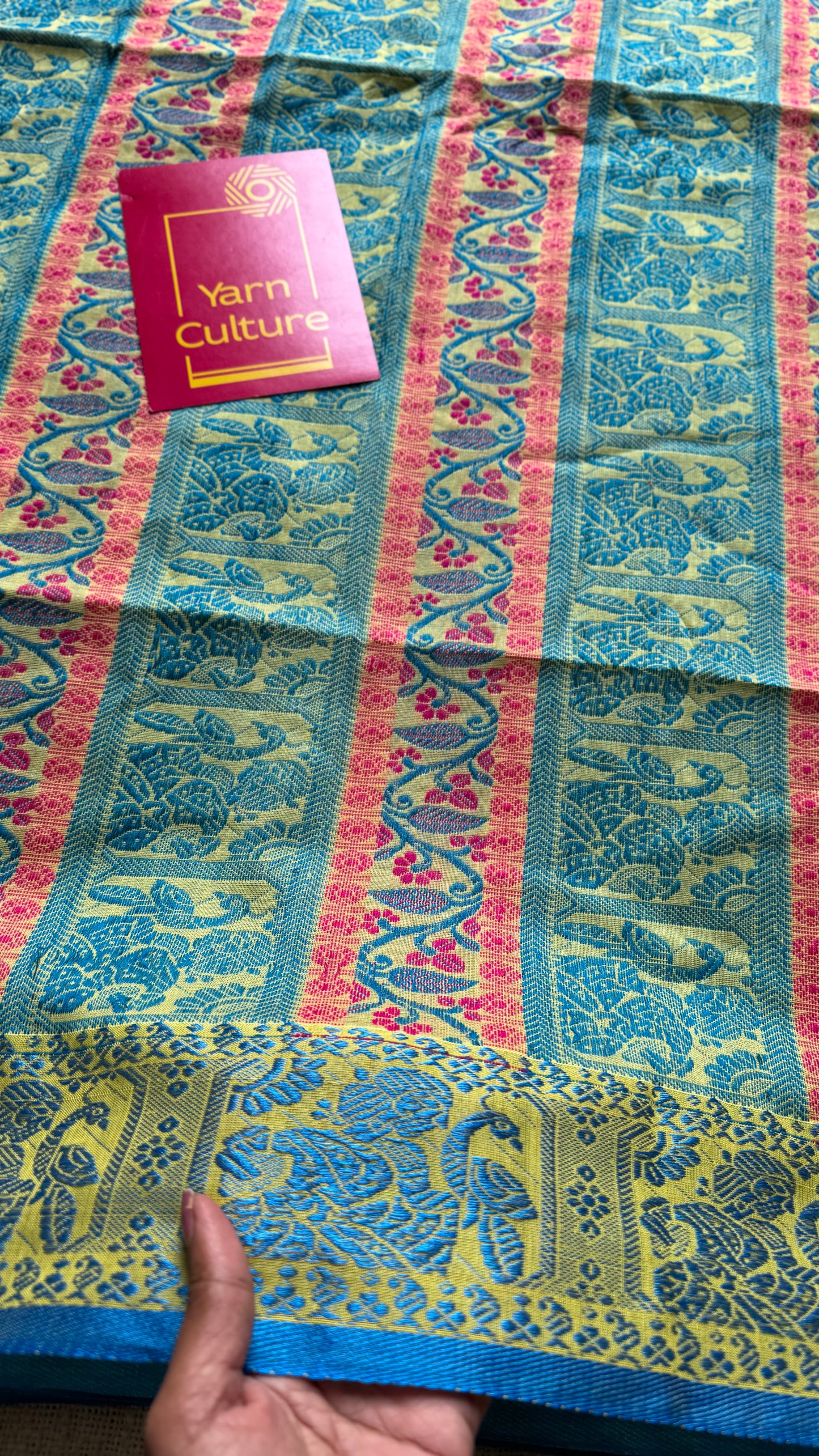 Yellow with blue, Baluchari-inspired soft cotton handwoven saree - YCHOTEBCJA226