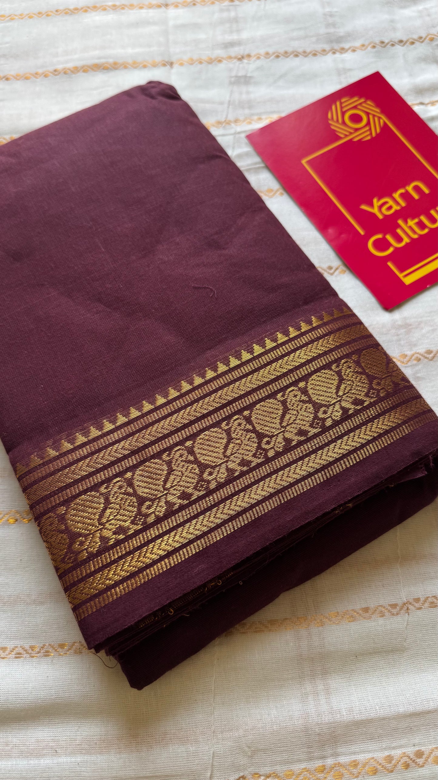 Chettinad cotton saree in maroon with thin peacock zari motif border - YCCOTNJUCC10
