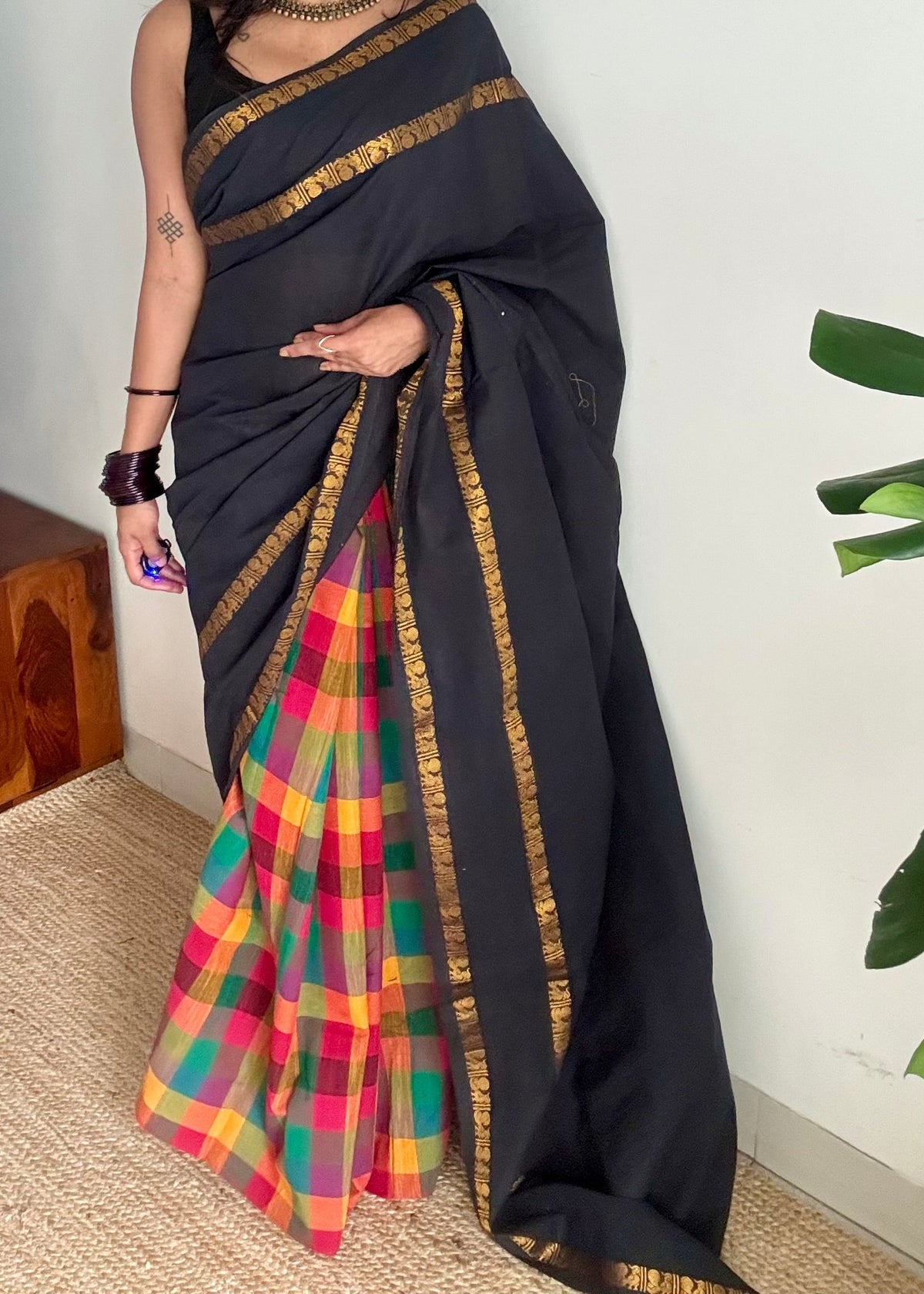 Plain black with multicoloured checks, cotton half-half saree - YCCOTNIDOC43