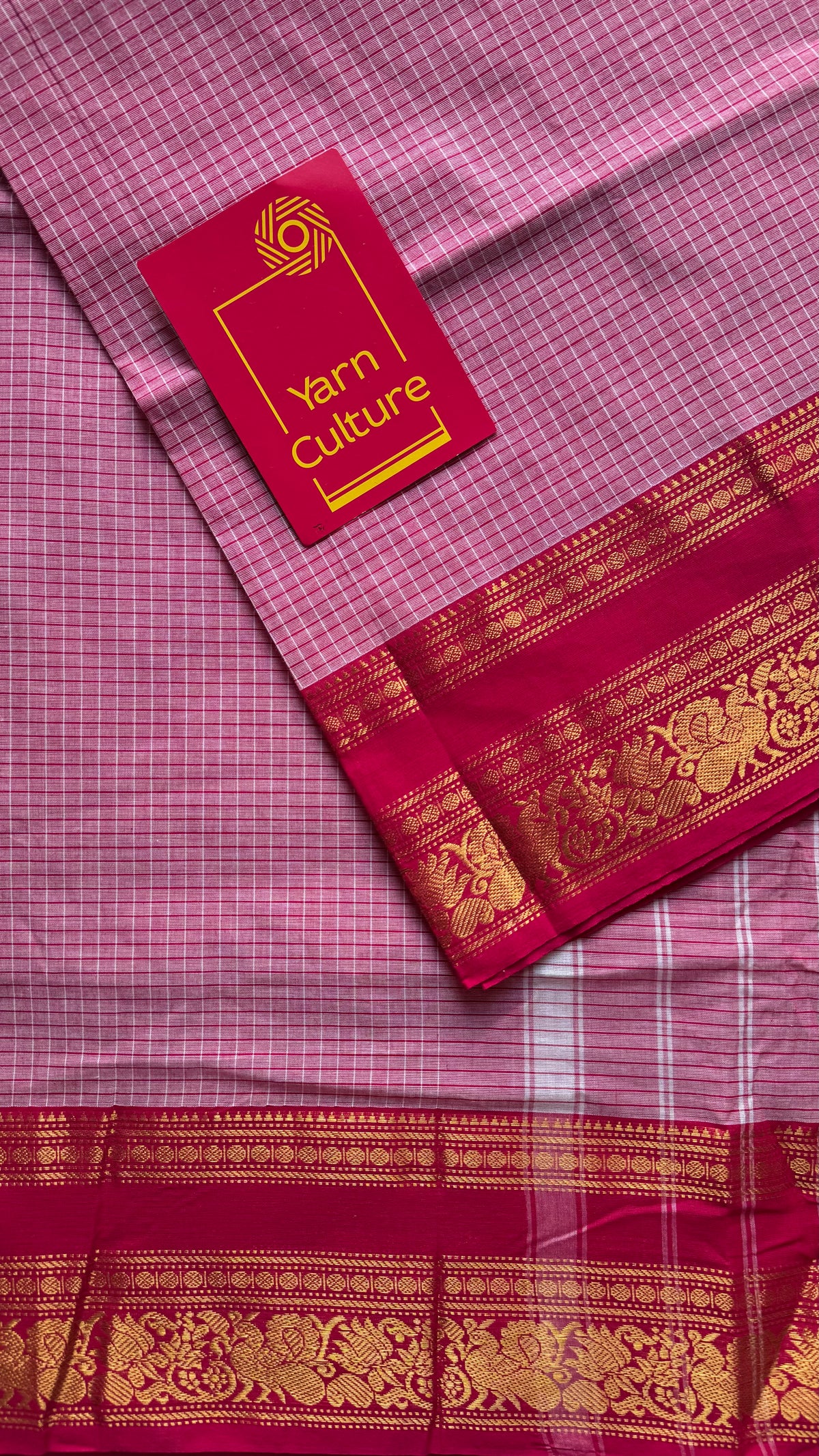 Pink checks with hot pink zari border kanchi cotton saree - YCCOTNCKSE21