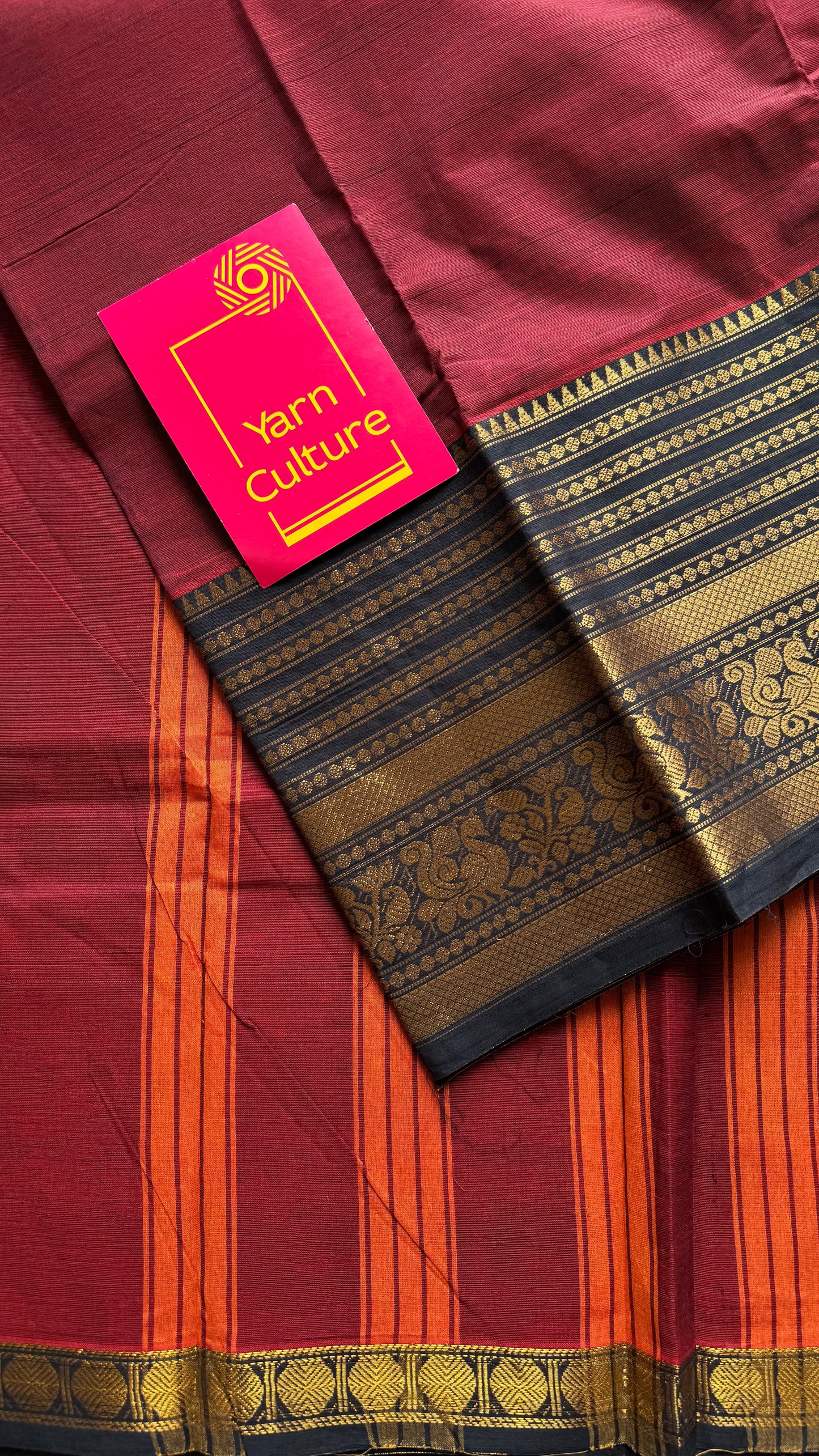 Kanchi cotton saree, dark red with black wide zari border - YCCOTNAP91
