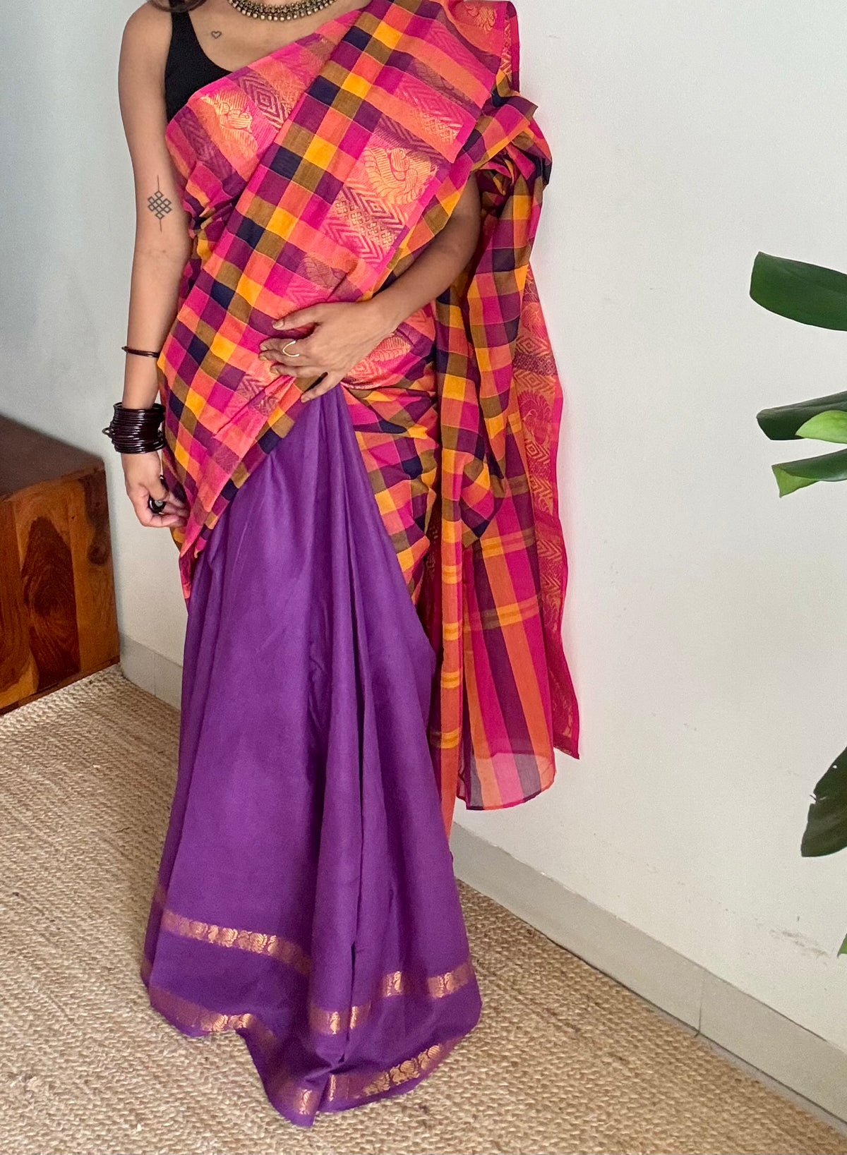 Multicolour checks with purple, sungudi and chettinad cotton half-half saree -YCCOTNIDOC33